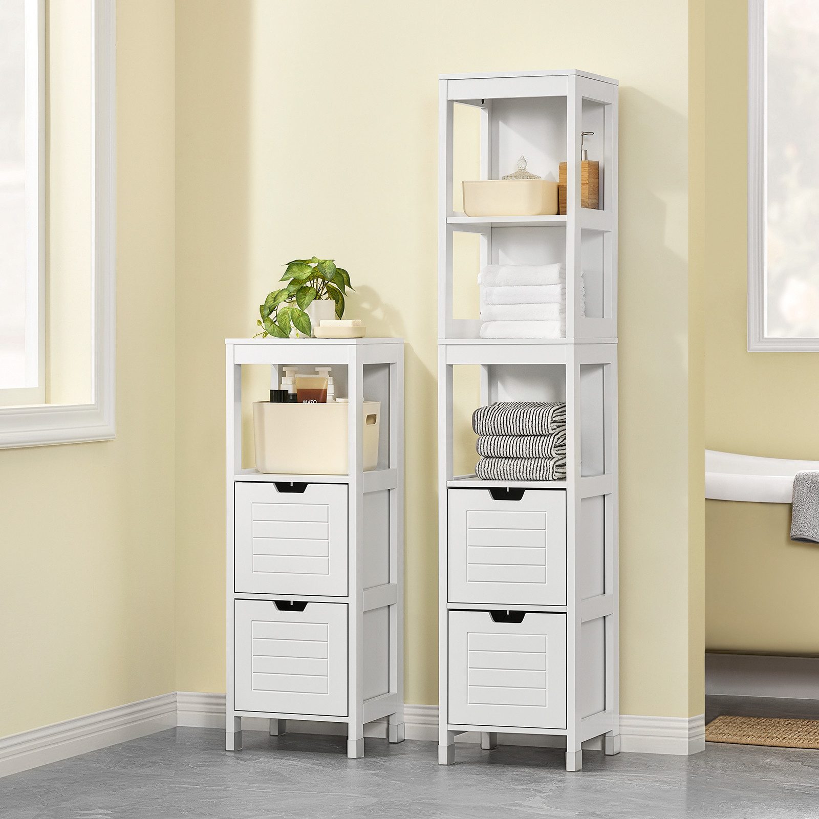 SoBuy Hochschrank FRG126, Badkommode, Schrank freistehend, Badschrank schmal schmale Säule, Badezimmerschrank mit 2 Schubladen, 3 offenen Fächern