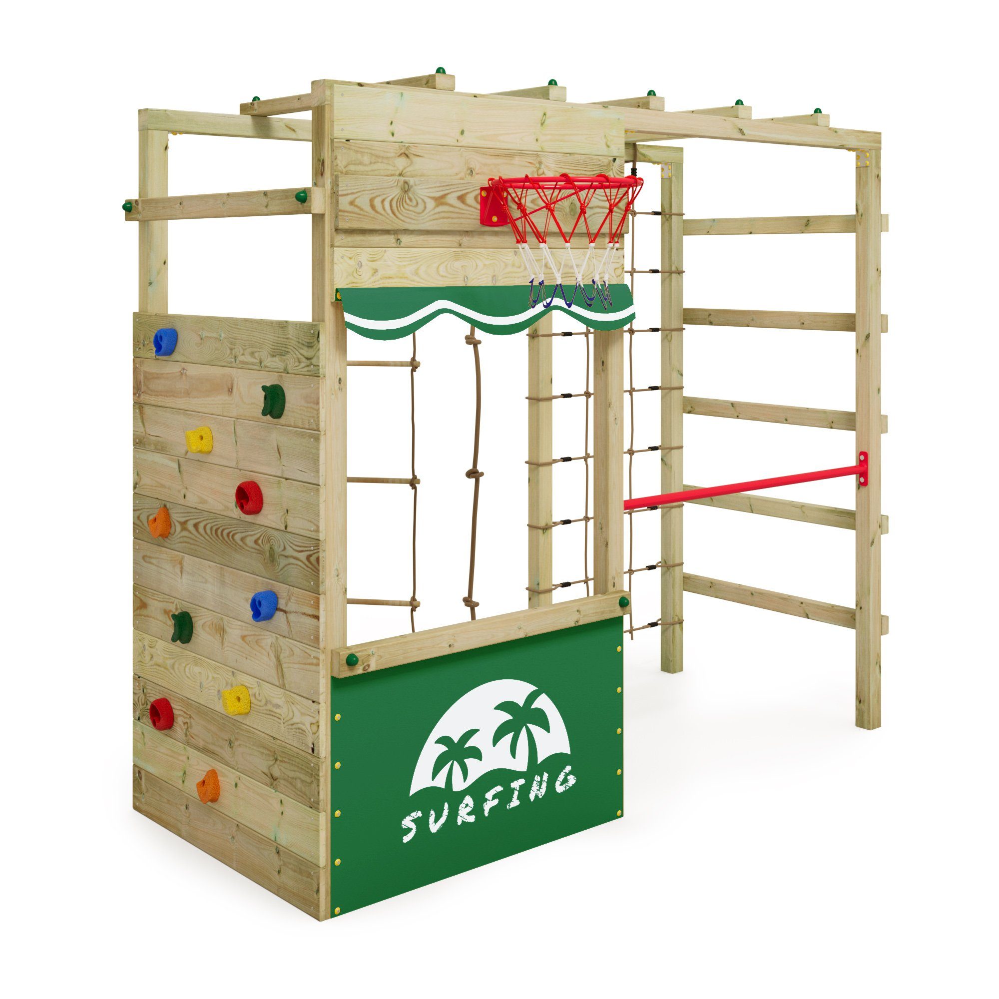 Wickey Klettergerüst Smart Action mit Kletterwand & Hangelbrücke, (Komplettes Outdoor-Klettergerüst mit Kletternetz & Reckstange – fördert Bewegung & Geschicklichkeit!, Holzspielplatz mit vielen Extras – ideal für kreative & aktive Kinder), langlebig & wetterfest mit 10 Jahren Garantie*