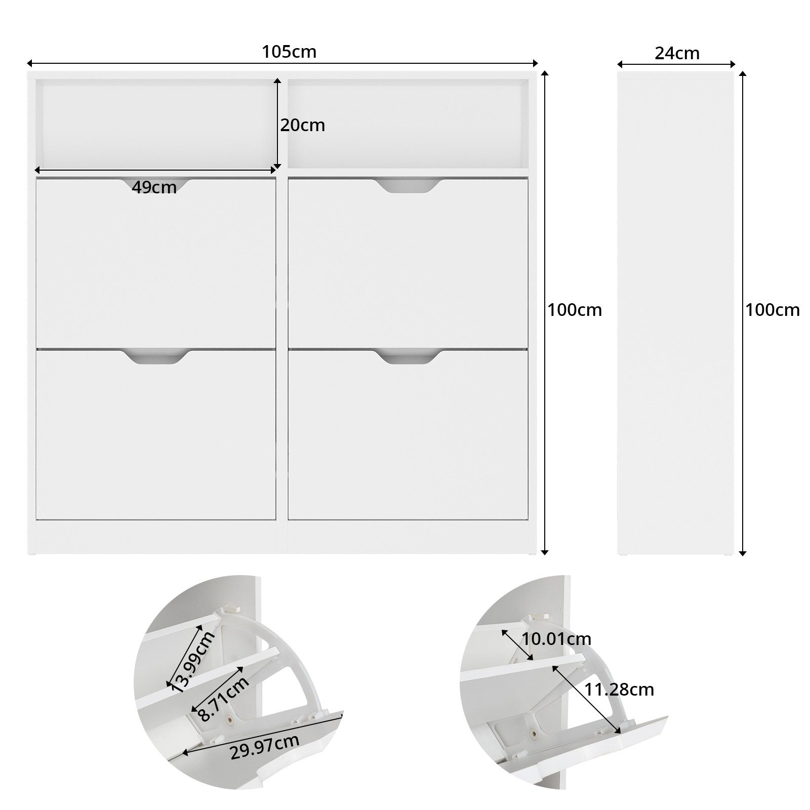 VOWNER Schuhschrank mit 4 Klappen, schmal, 105 x 24 x 100 cm