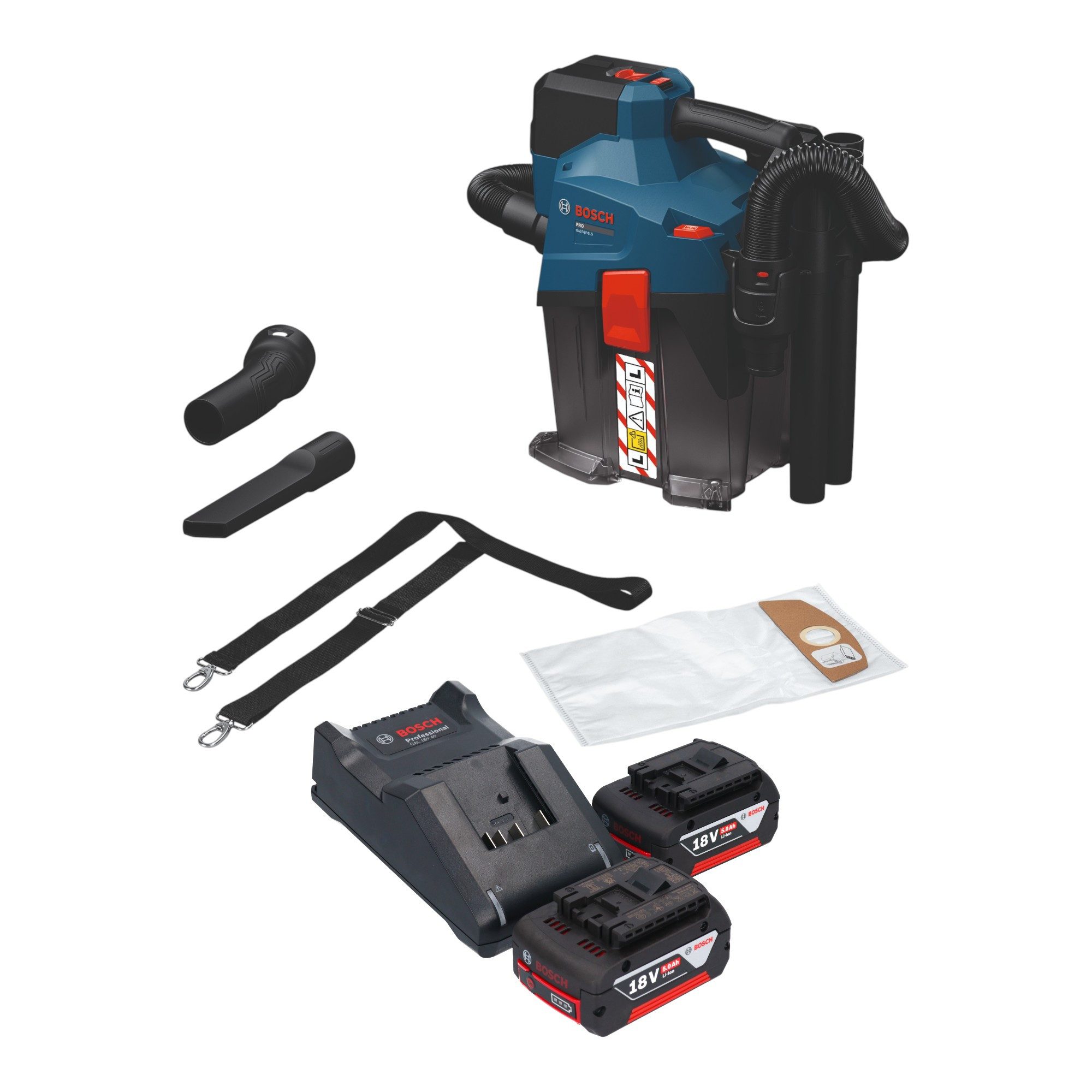 Bosch Professional Akku-Handstaubsauger GAS 18V-6L S Staubsauger 18 V 6 l + 2x Akku 5,0 Ah + Ladegerät