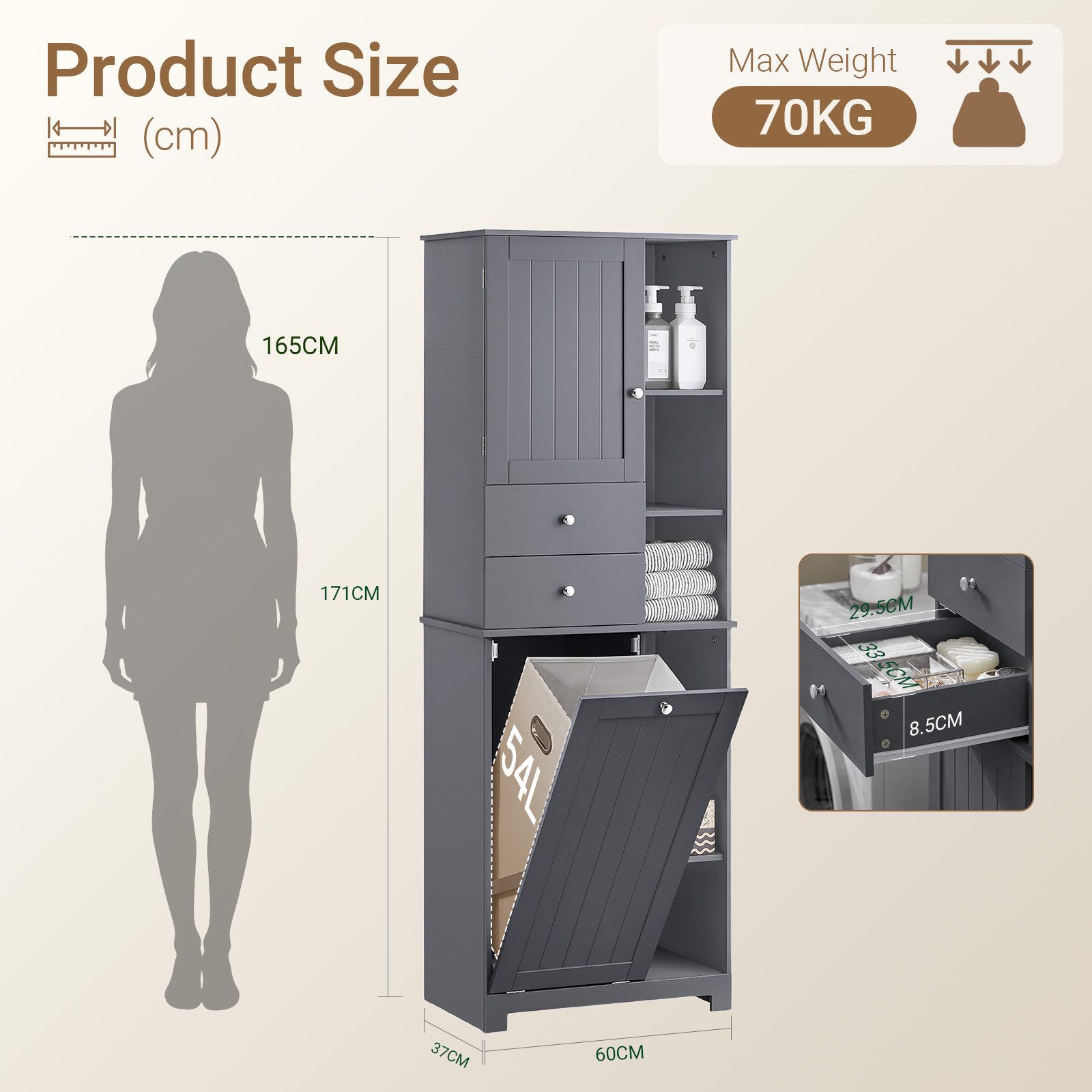 SoBuy Hochschrank BZR104, Badezimmerschrank, 4-in-1 Badkommode, Aufbewahrungsschrank Wäscheschrank, offenen Fächern, mit Wäschekorb, Schrank für Badezimmer – Bild 5 von 5