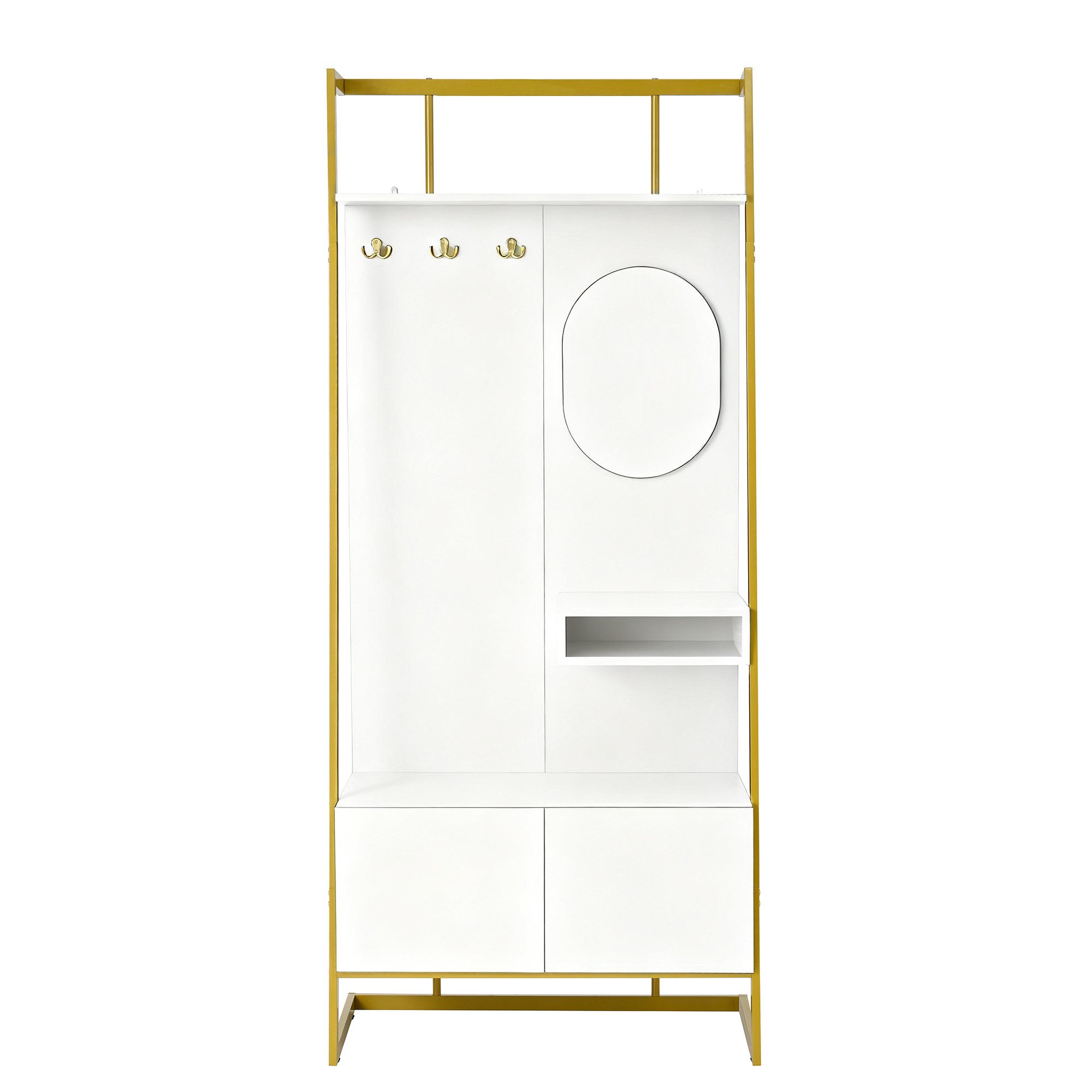 Merax Kompaktgarderobe mit Spiegel, Garderoben-Set aus Holz & Metall (1-St) Flurschrank mit Metallhaken, Schuhschrank & Sitzbank, 78×180,5×38,5 cm
