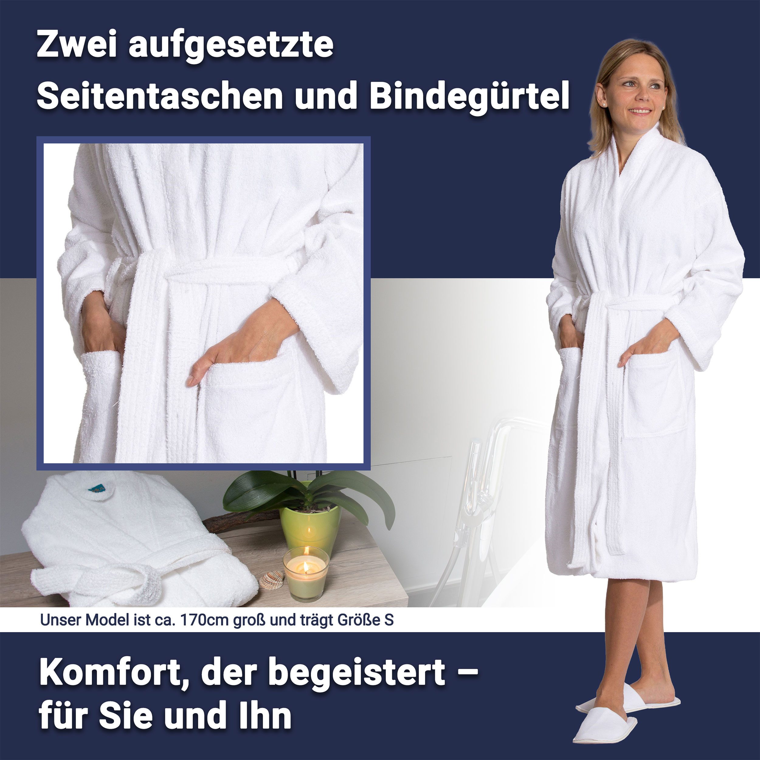 ZOLLNER Unisex-Bademantel, 100% Baumwolle, Kimono-Kragen, Gürtel, 100% Baumwolle, vom Hotelwäschespezalisten, S-6XL