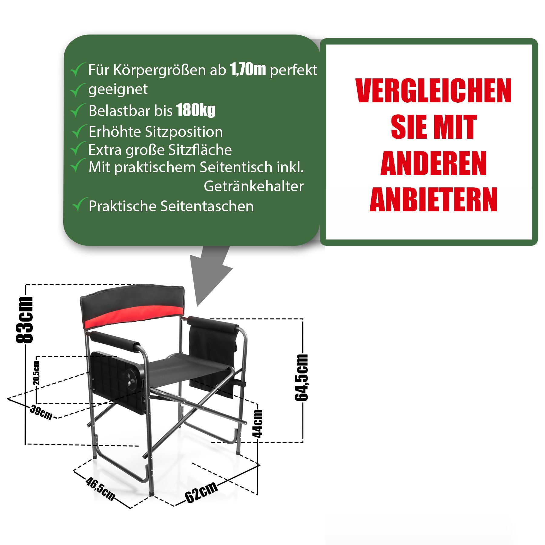 BigDean Campingstuhl XXL Komfort Regiestuhl in schwarz (Packung, 1 St), 180kg Belastbar, Falt/Klappbar, Tragegriffe