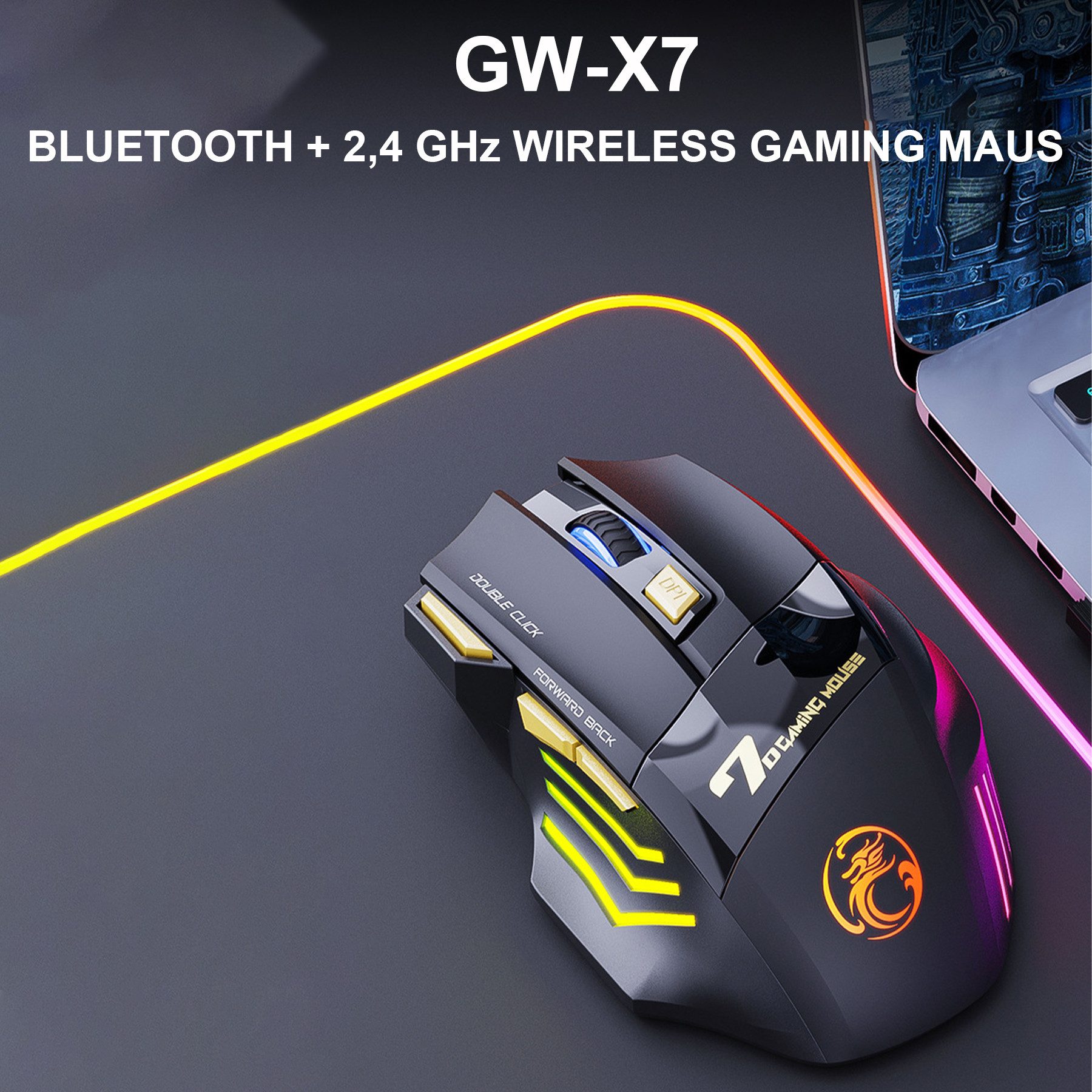 Senmudi Maus Kabellos,USB Wireless Bluetooth Maus, 2,4 GHz Wireless Gamer Maus Maus (Mäuse leises Klicken, 3200 DPI 7 Tasten RGB Gaming Mouse, Wiederaufladbare LED-Dual-Modus Mouse für PC/Mac/Laptop)