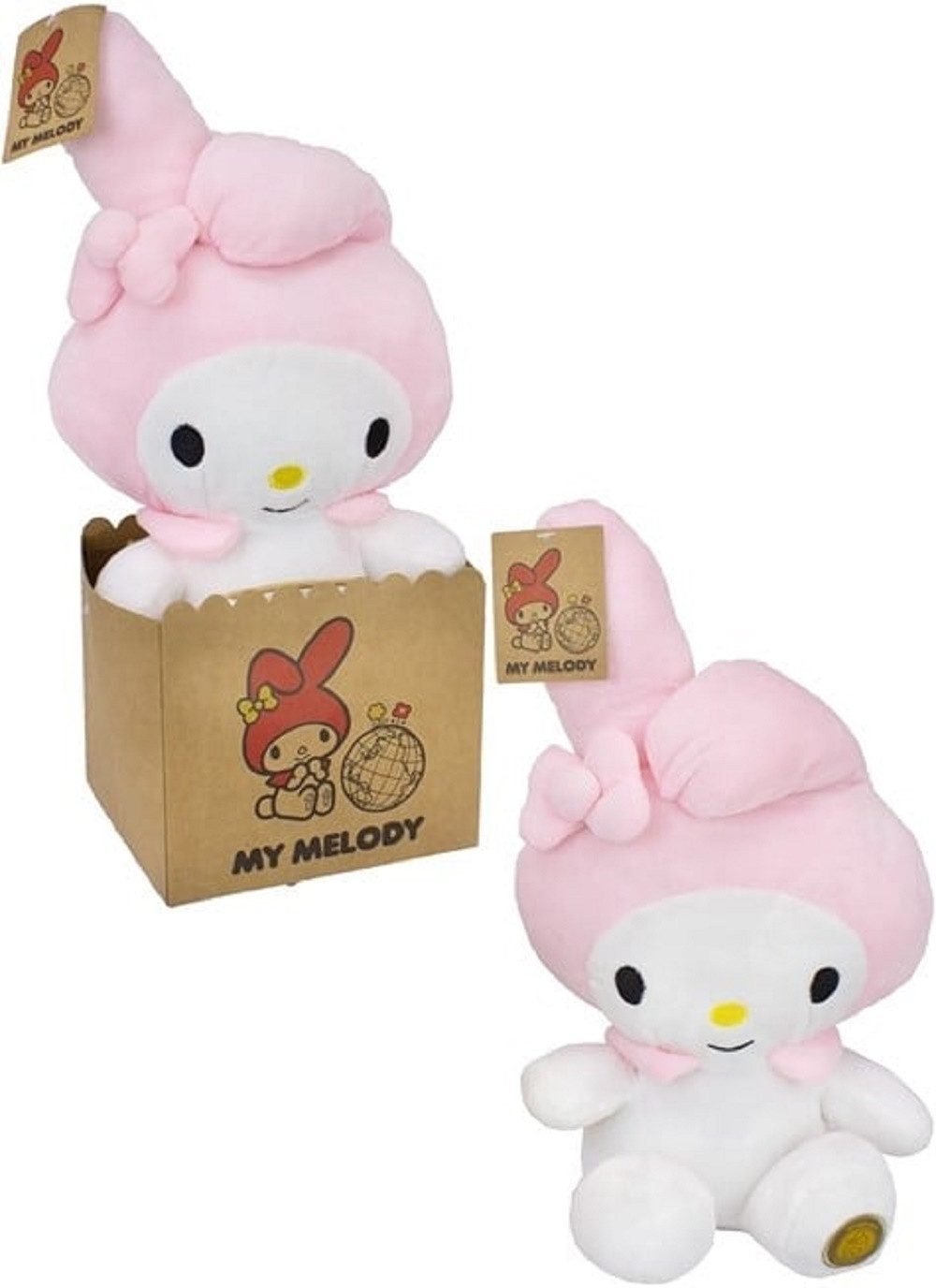 SANRIO Kuscheltier Hello Kitty My Melody Plüschfigur 27 cm rosa mit Kapuze (Set, 1-St., Geschenk-Set), Besonders niedlich gestaltet Figur kuschelweich detailreich Geschenke