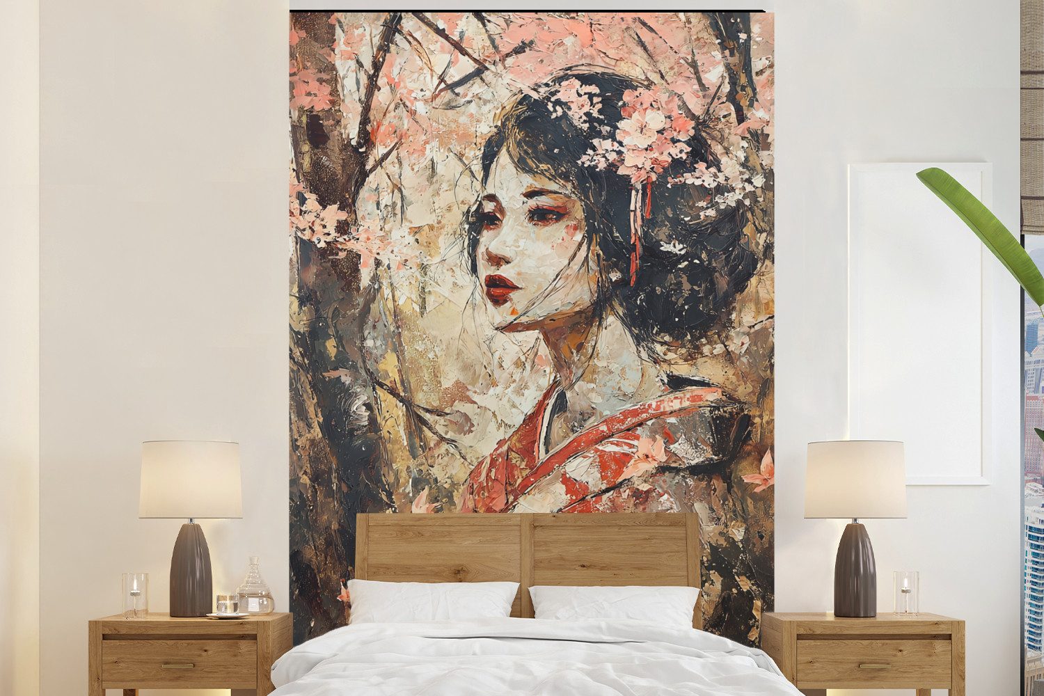 MuchoWow Fototapete Kimono - Frau - Kirschbäume, Matt, bedruckt, Montagefertig Vinyl Tapete, Wandtapete, 145x220 cm