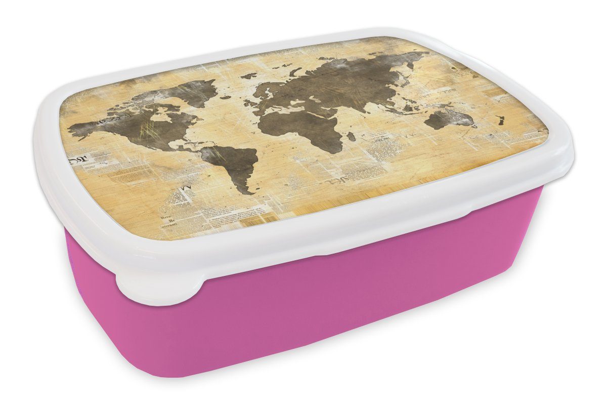 MuchoWow Lunchbox Weltkarte - Zeitung - Gold, Kunststoff, (2-tlg), Brotbox für Erwachsene, Brotdose Kinder, Snackbox, Mädchen, Kunststoff rosa