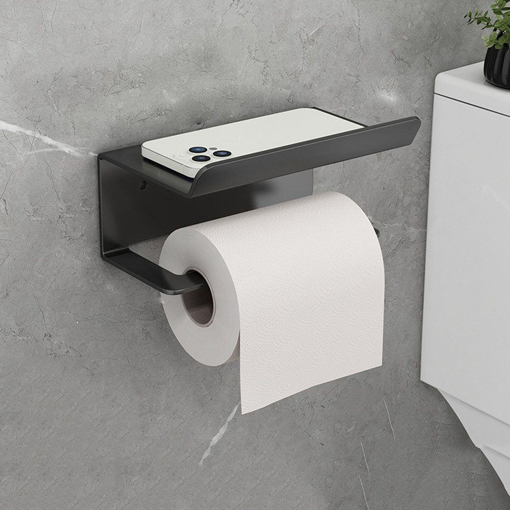 Haiaveng Toilettenpapierhalter Toilettenpapierhalter ohne Bohren mit Regal,für Küche und Bad, mit Regal Schwarz