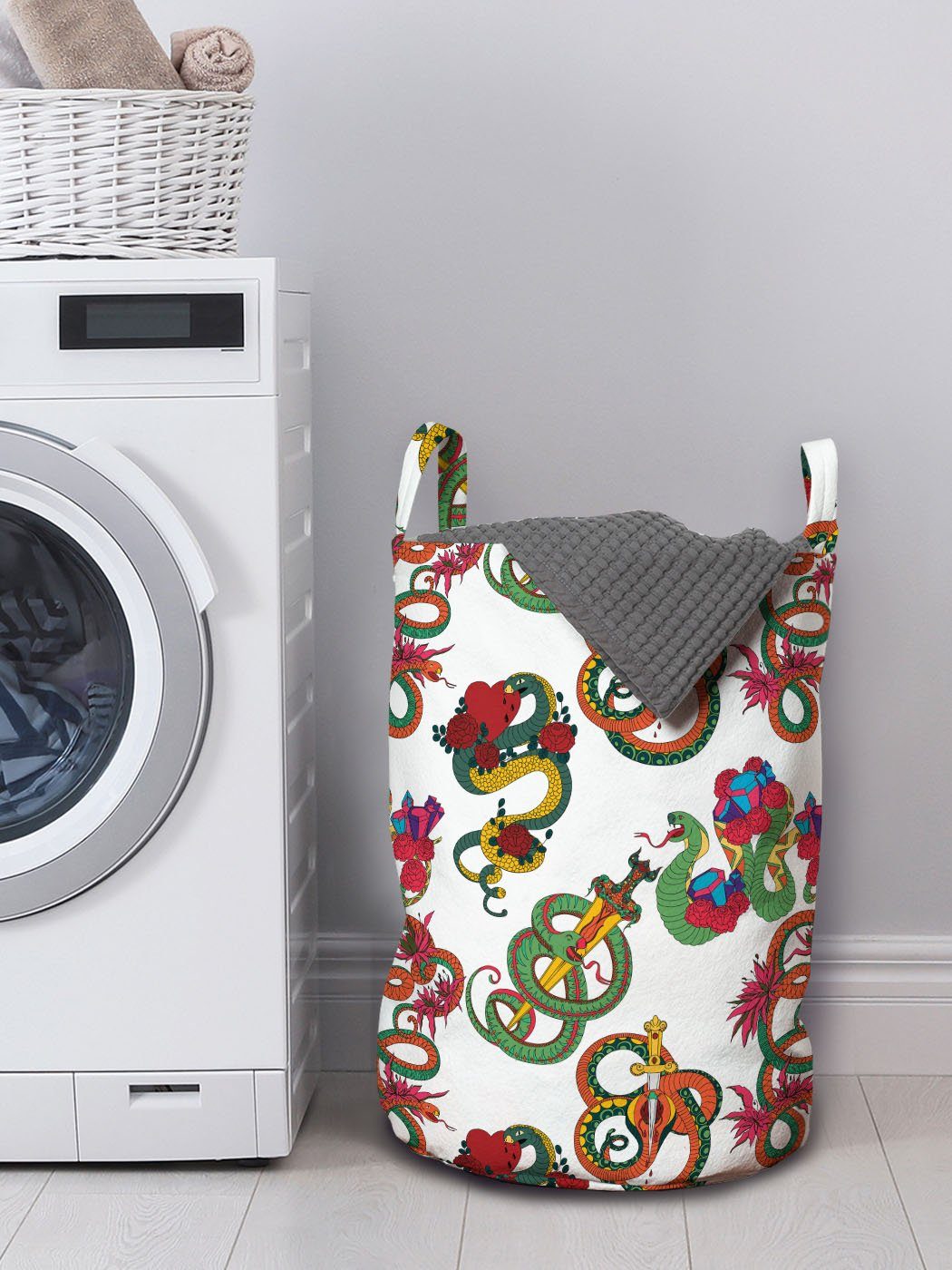Abakuhaus Wäschesäckchen Waschsalons, für Kordelzugverschluss Schlangen mit Wäschekorb Drachen Griffen Ornament Blumen und