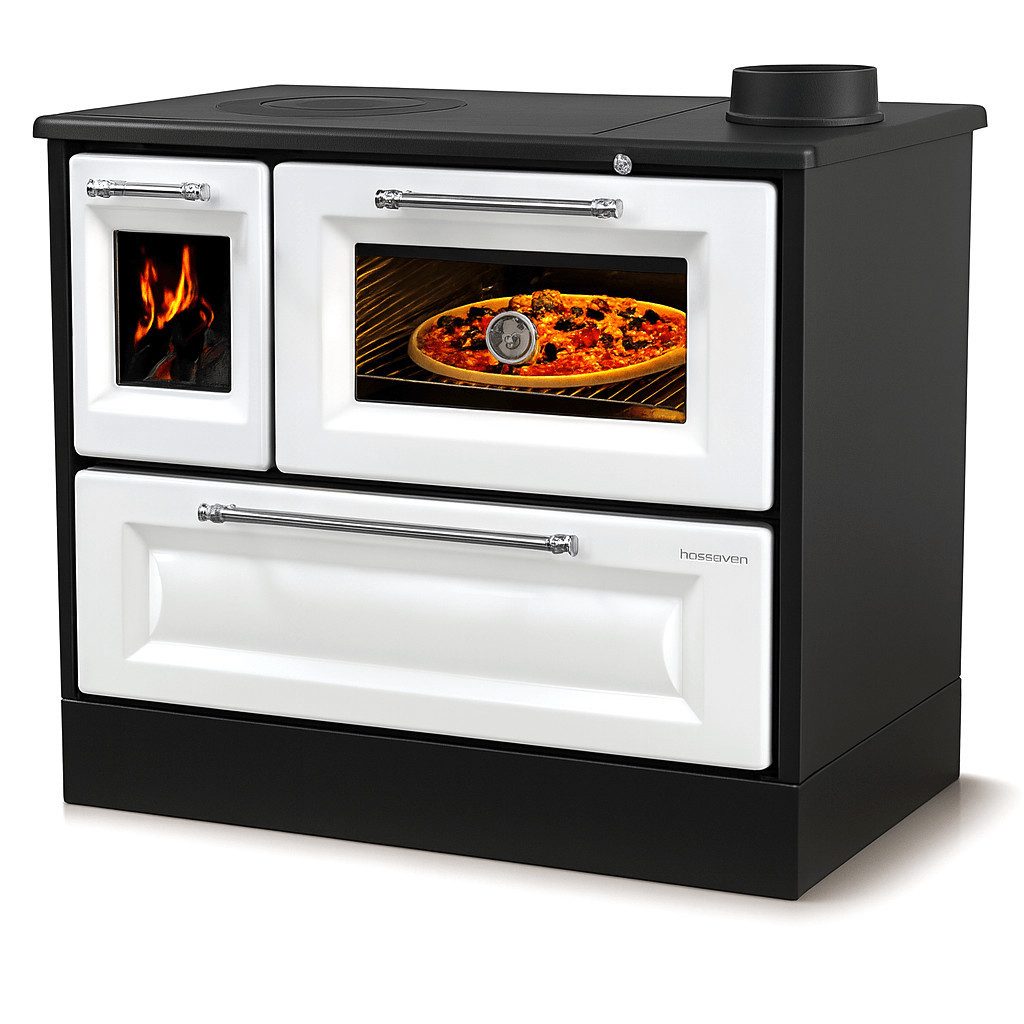 Hosseven Kaminofen mit Backfach und Herdplatte 4012 Weiß Holzofen 8 kW Holz Ofen, 7.7 kW, Dauerbrand, Ofen Mehrfachbelegung Kamin Heizofen Küchenherd