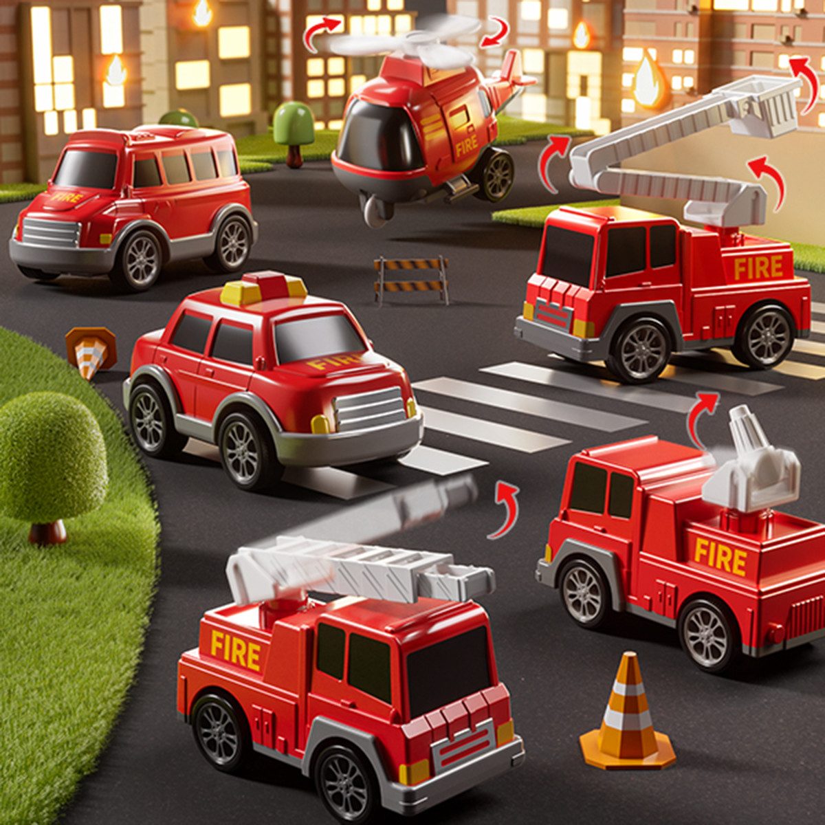 TEMI Toy Car 7 Pack Carrier Truck Transport City Vehicles Toy, (Set includes 1 Transport Handcart, 6 Small Fire Trucks), Made in China
