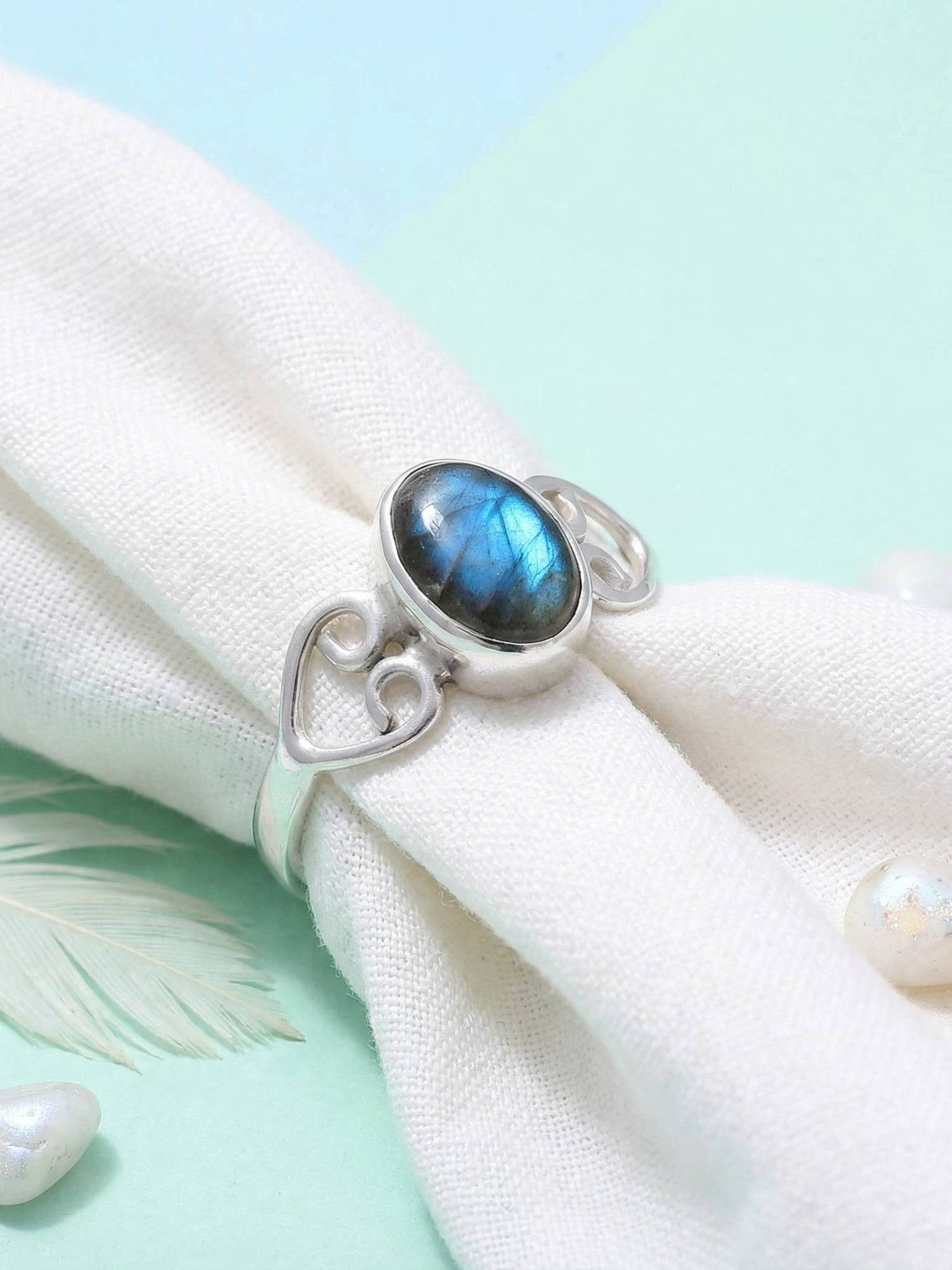 mantraroma Silberring ORITI aus 925 Silber mit Labradorit (Ring mit Schmuckbeutel), Damenring aus 925er Silber