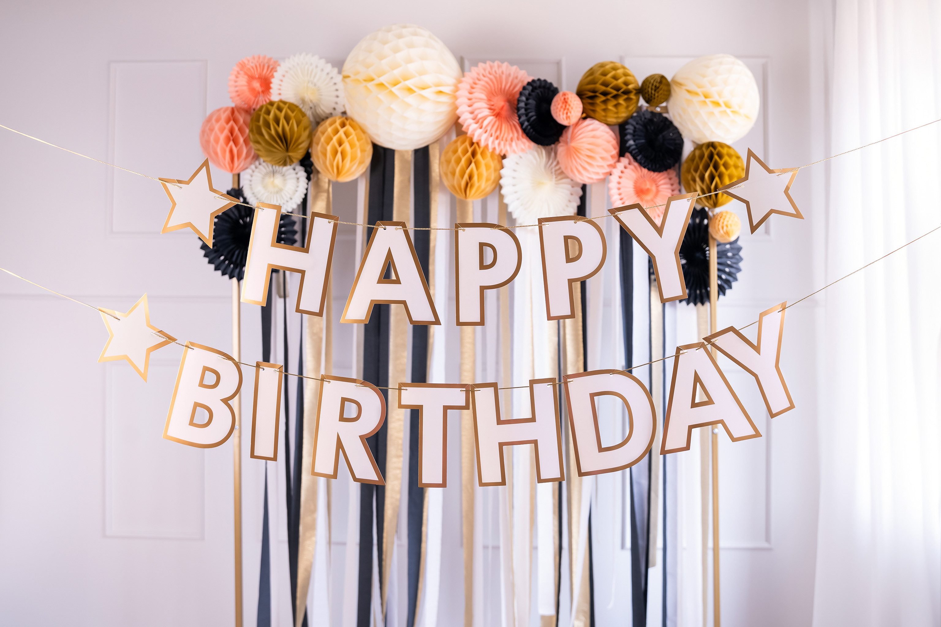 partydeco Girlande, Happy Birthday Girlande 14x220cm Banner Weiß / Gold