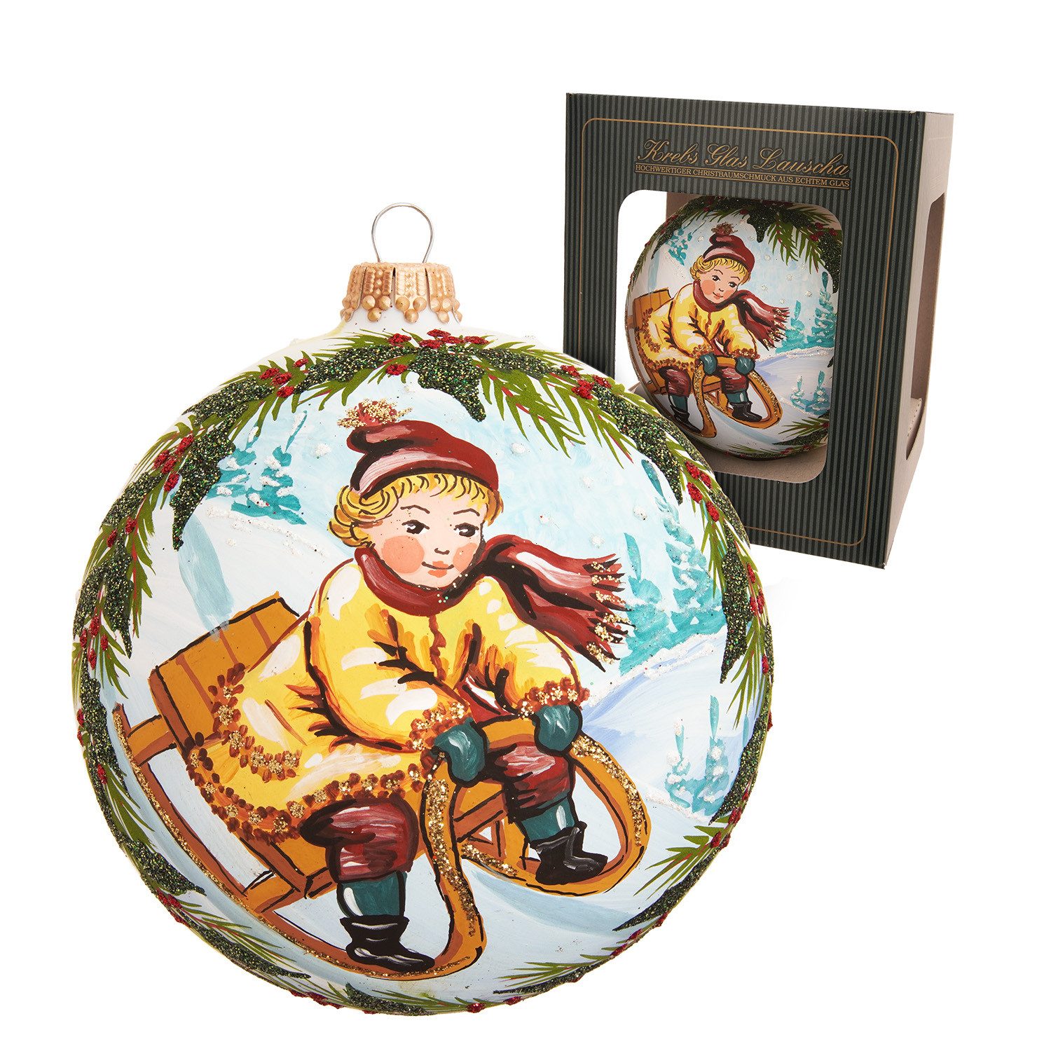 Krebs Glas Lauscha Weihnachtsbaumkugel Geschenkkugel - Junge auf Schlitten günstig online kaufen