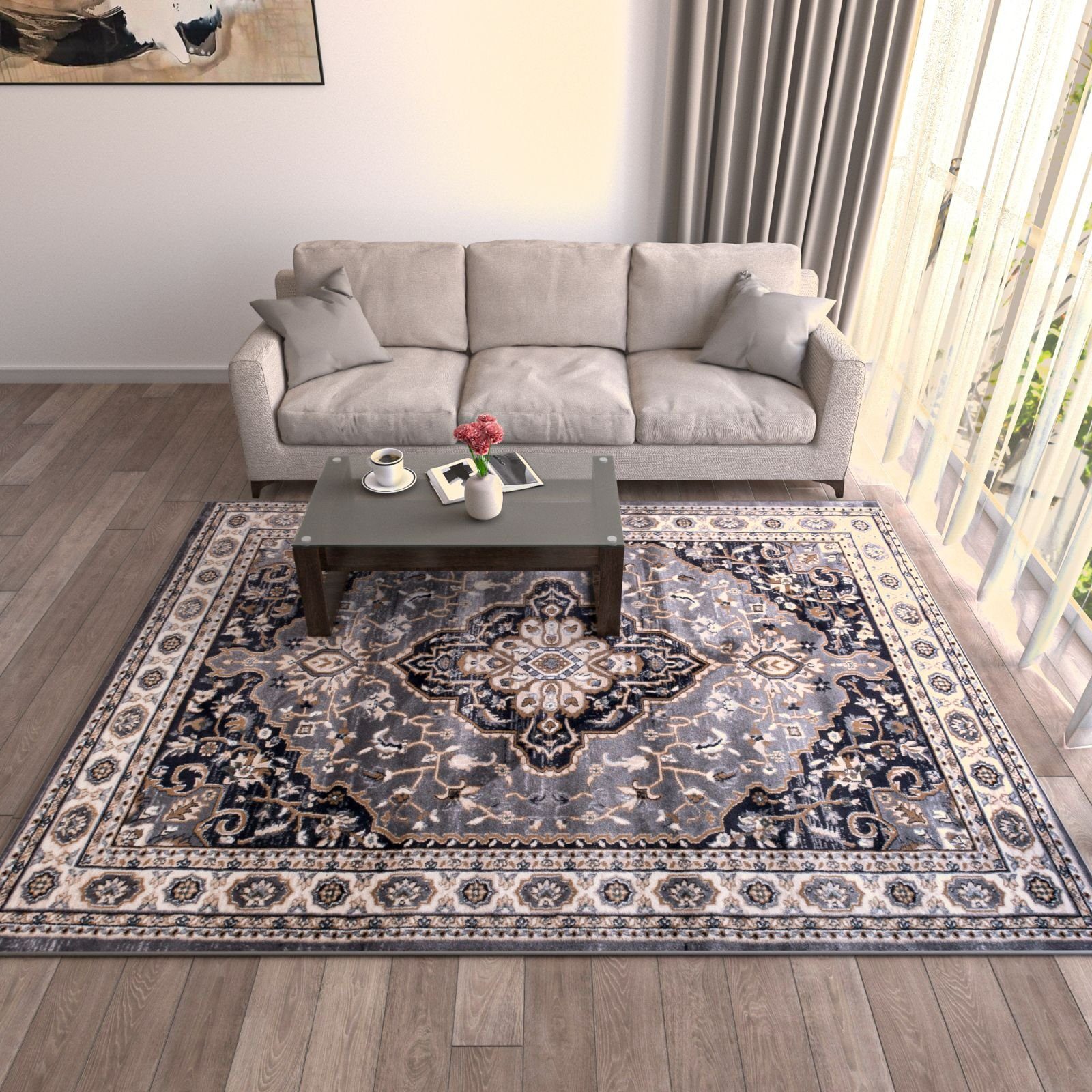 Mazovia Orientteppich Oriente Teppich - Traditioneller Teppich Orient Grau, 60 x 100 cm, Geeignet für Fußbodenheizung, Pflegeleicht, Wohnzimmerteppich