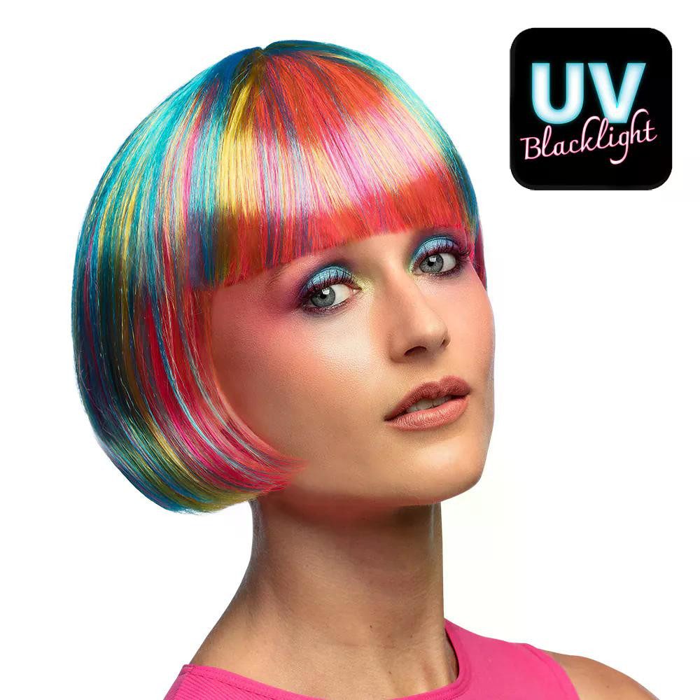 Kostüm-Perücke Perücke Pebbles UV Neon-Farben Bob mit Pony leuchtet im Schwarzlicht