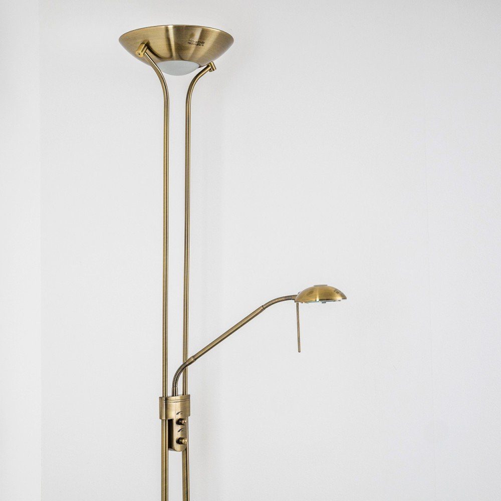 hofstein Deckenfluter »Roppa« dimmbare Stehleuchte aus Metall in Altmessing, 3000 Kelvin, Drehdimmer am Gehäuse, 1600 Lumen,480 Lumen, mit verstellbarem Lesearm