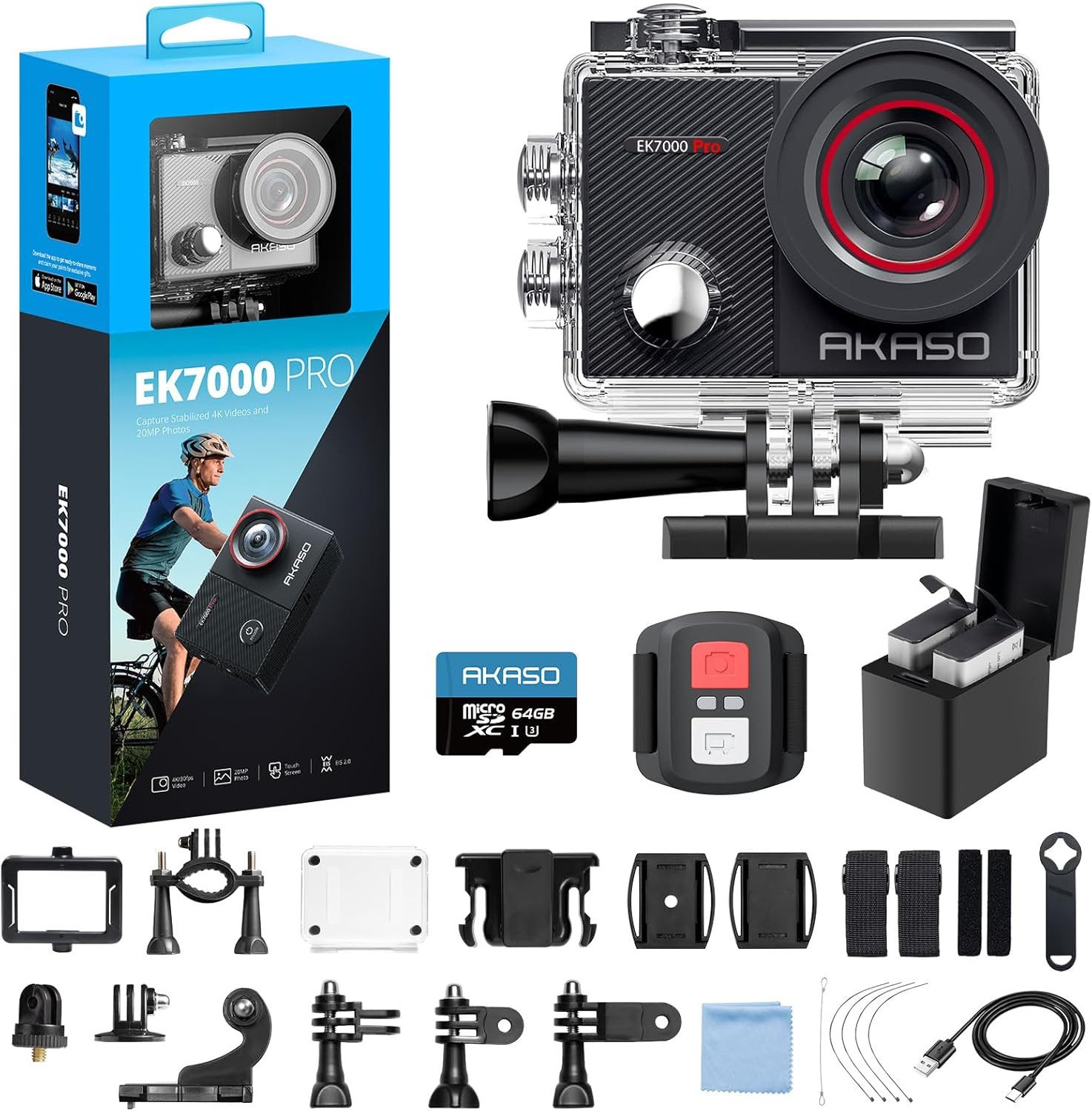 Akaso EK7000 Pro Action Cam (4K Ultra HD, WLAN 2.4 GHz, 4K 20MP WiFi Wasserdicht bis 40m,Touchscreen, EIS 2.0)