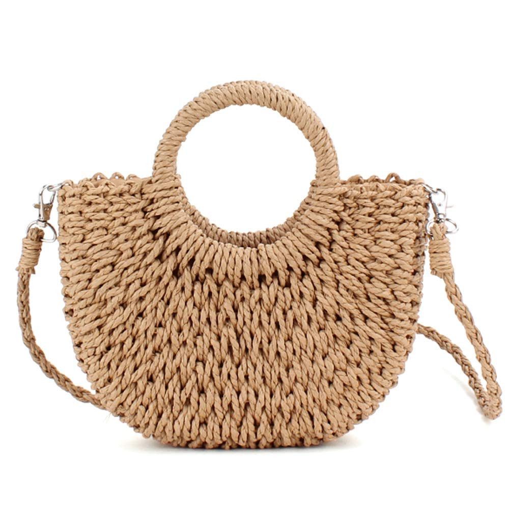 Bwecuy Umhängetasche Strohtasche Damen Halbmond, Handgeflochtene Rattan Strandtasche, Retro Schultertasche und Crossbody Bag, Sommer Tasche