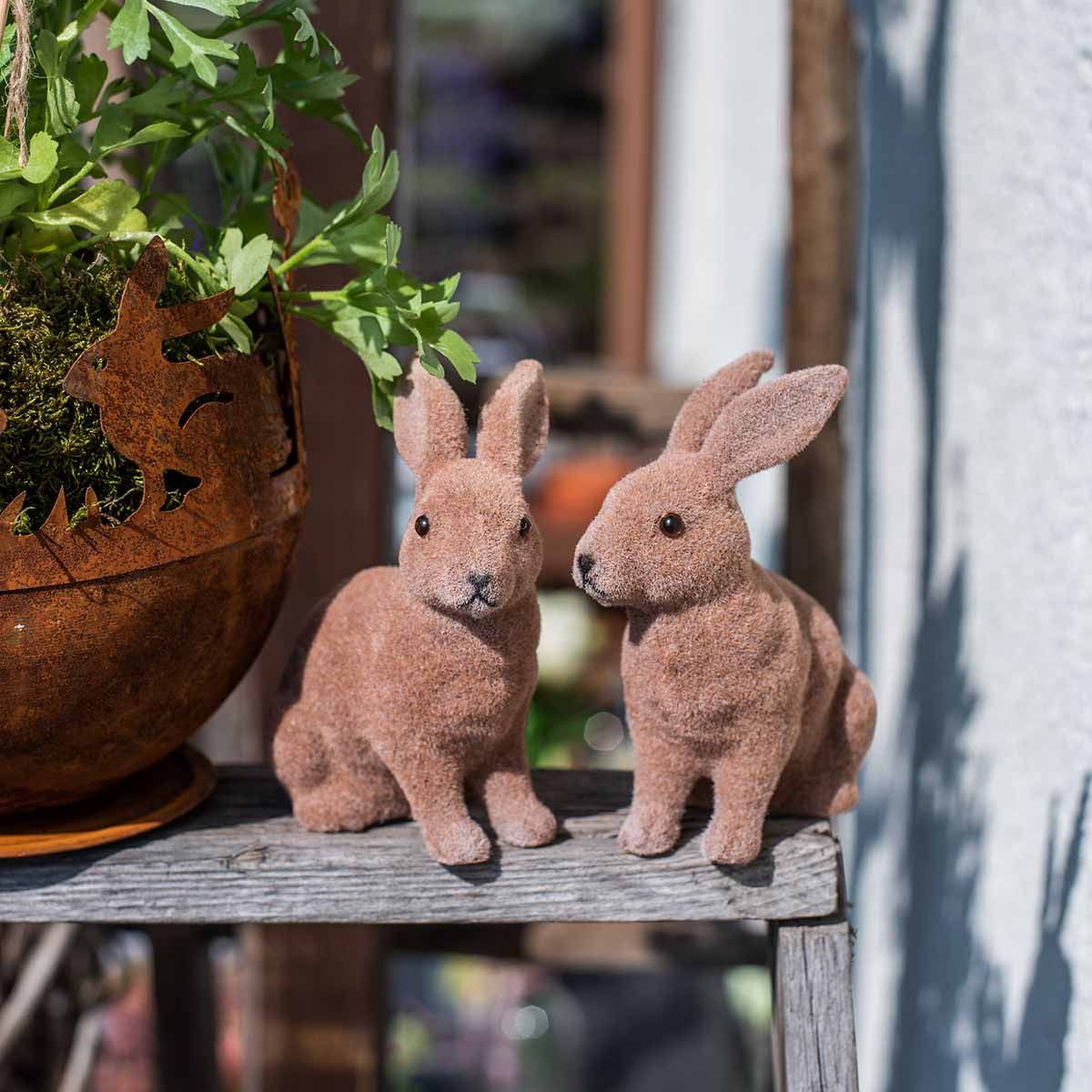 Florists Products Osterhase Osterdeko Set beflockte Hasen Braun 11cm/13,5cm - 6-teilig, 6 Stück