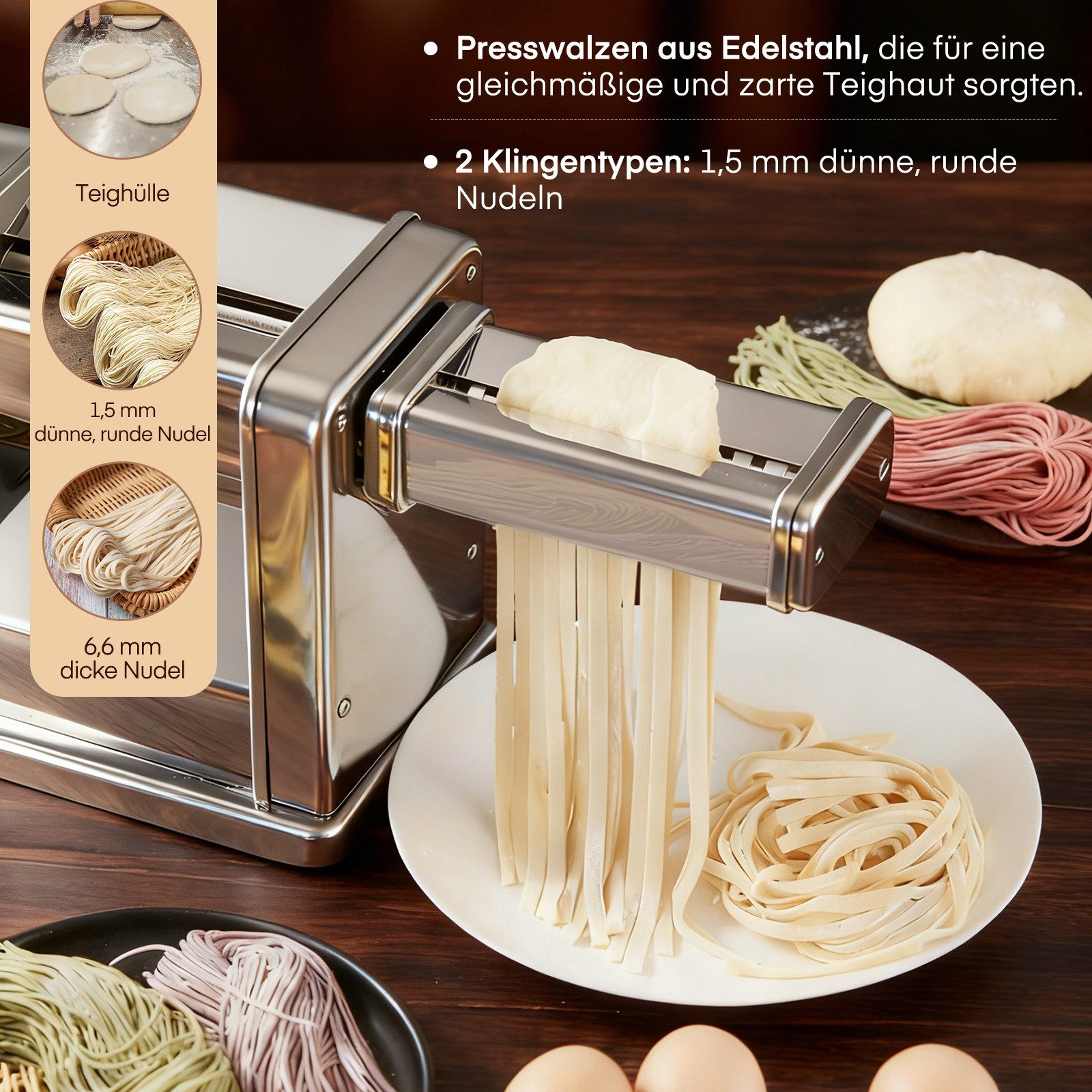 FOHERE Nudelmaschine Elektrische Nudelmaschine, 7 Stärken Einstellbar, 60 W, Nudelwalze und 2x Pasta-Schneideinsätze 1.5 mm und 6.6 mm – Bild 2 von 5