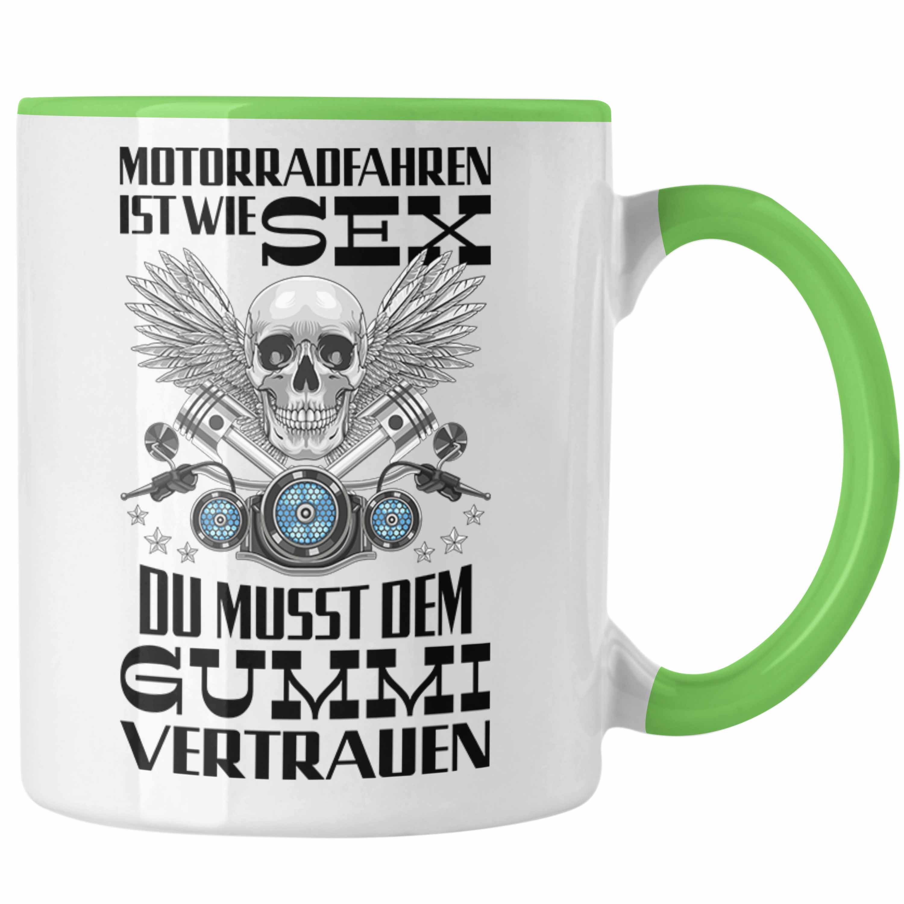 Trendation Tasse Trendation - Motorradfahrer Geschenk für Männer Motorrad Tasse mit Spruch Kaffeetasse für Biker Herren Papa Grün