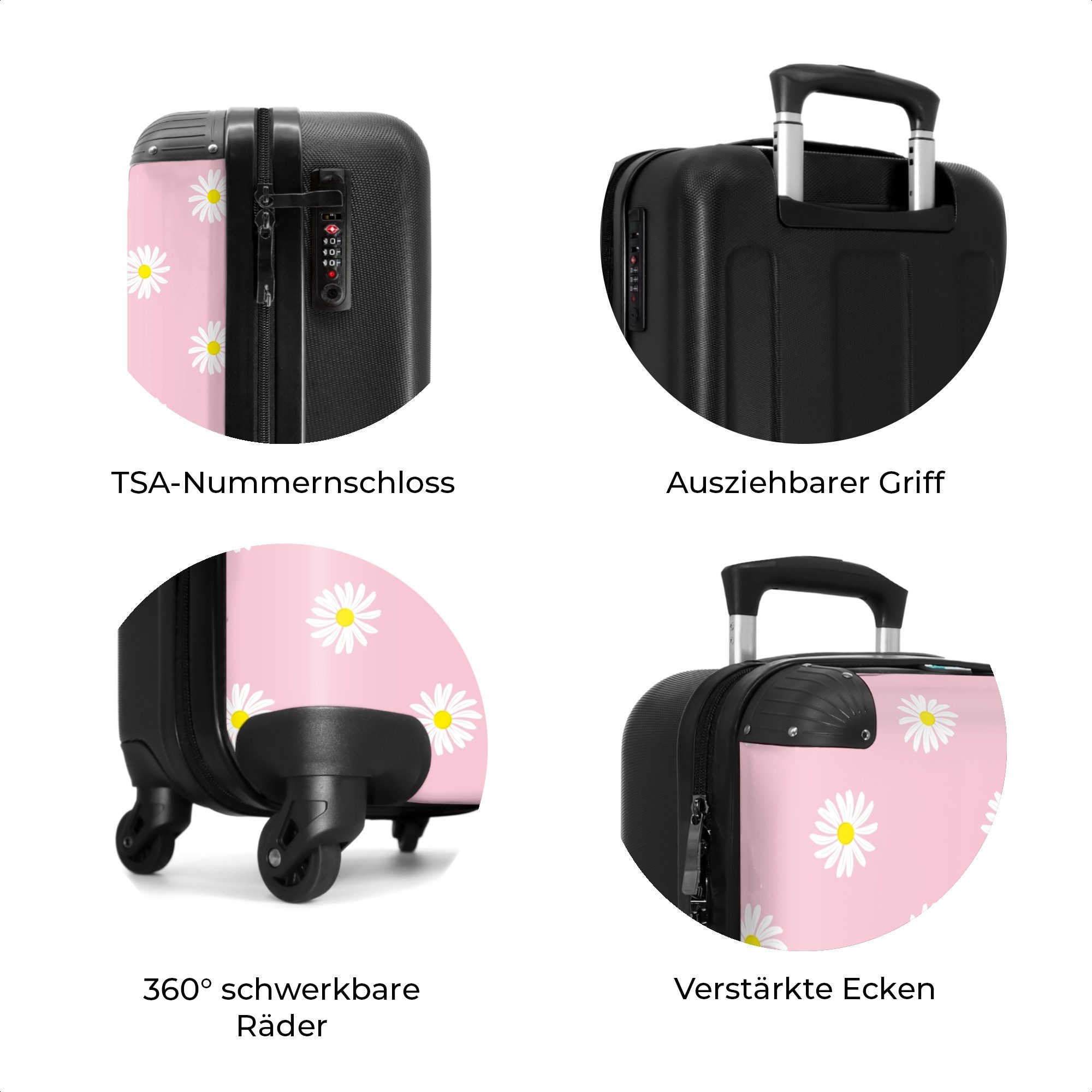 NoBoringSuitcases.com© Hartschalen-Trolley Pastellrosa mit Gänseblümchen 55x35x20cm, 4 Rollen, Handgepäck Koffer & Trolleys, Luggage, Reisekoffer Frauen