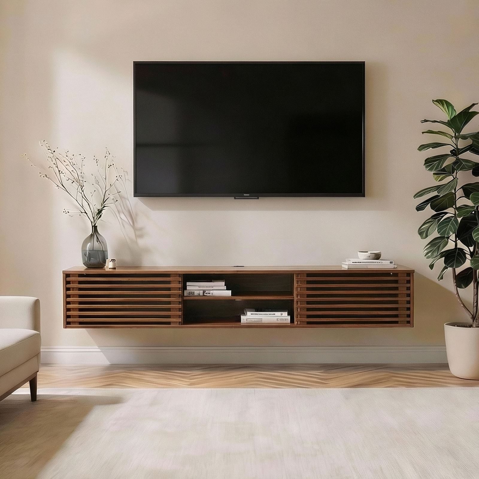 IDIMEX Lowboard RIAN, TV Lowboard hängend aus Massivholz mit Lamellentüren Kastanie Finish