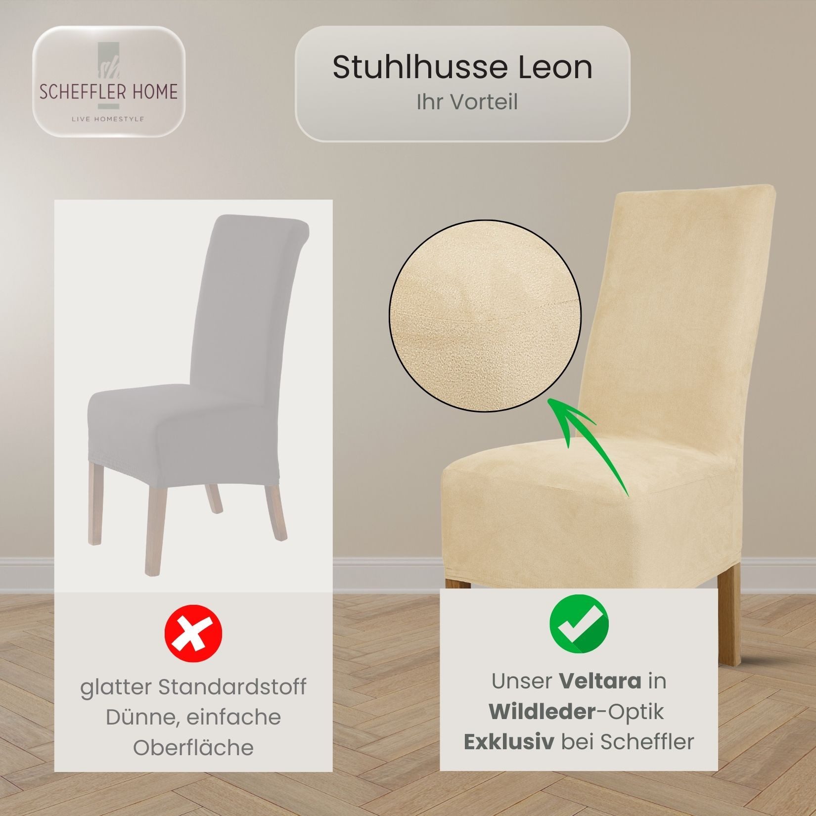 sh SCHEFFLER-HOME LIVE HOMESTYLE Stuhlhusse Leon Stoff Veltara, Premium-Microfaser Veltara in edler Wildleder-Optik – Bild 4 von 5