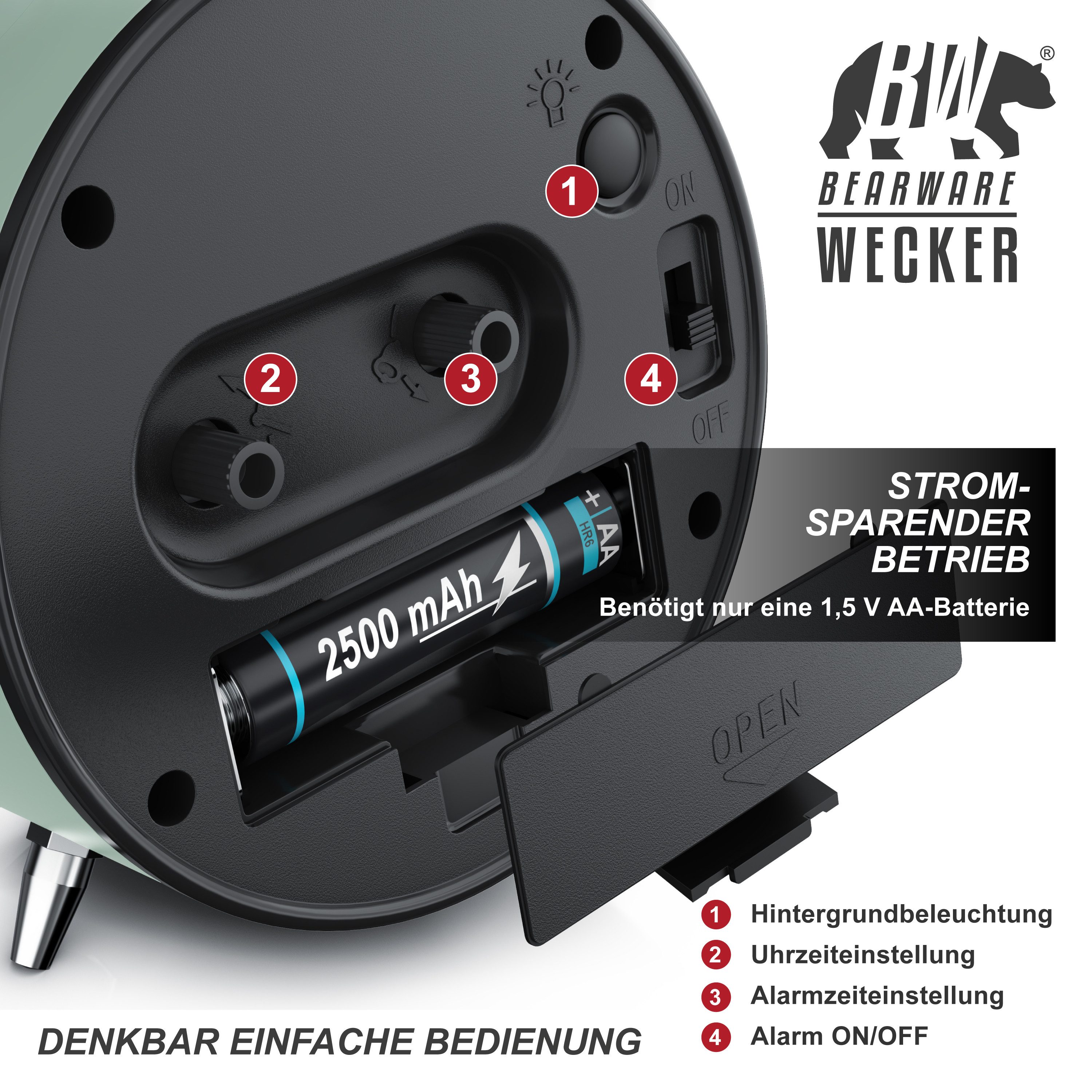 BEARWARE Wecker Analog, rund, mit Licht, Retro, lauter Glockenalarm für Tiefschläfer Einfache Bedienung, weiße Tafel, Beleuchtet, ohne Ticken, Vintage