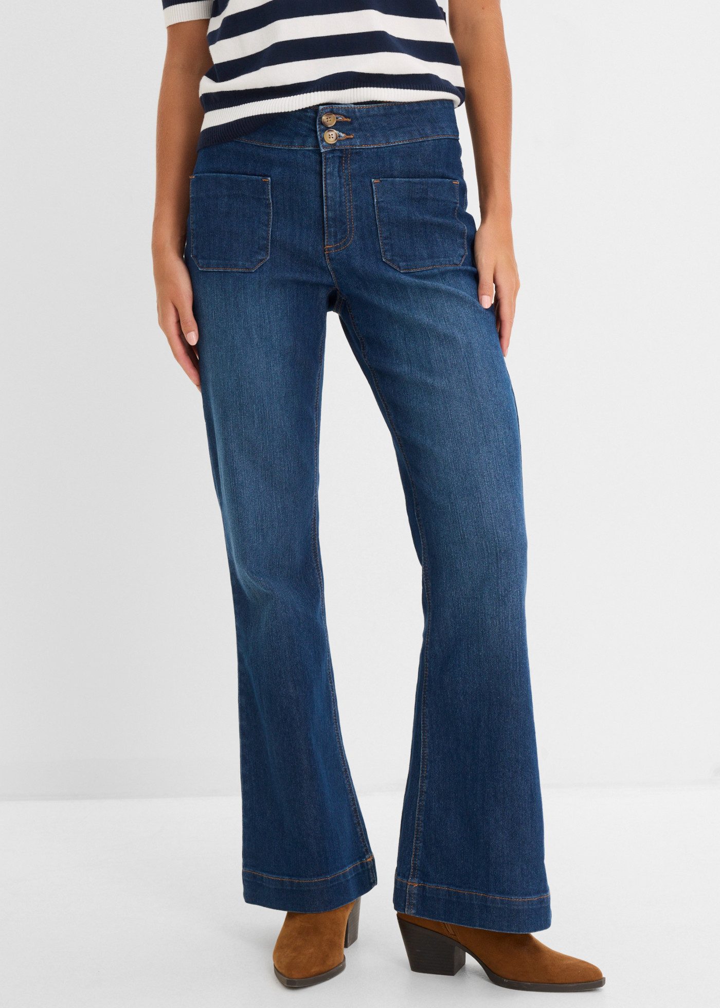 bonprix Schlagjeans mit Mid Waist, Regular Fit, ausgestellte Schlagform, in Used-Optik