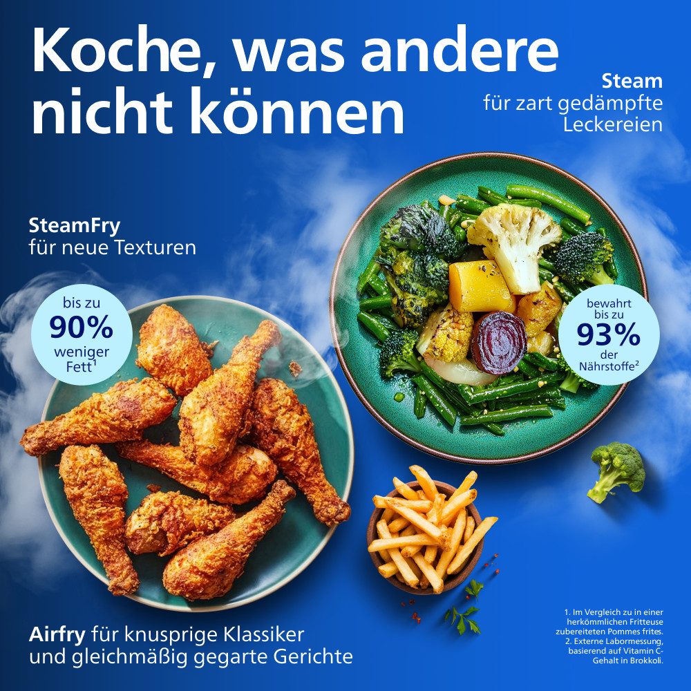 Philips Heißluftfritteuse NA565/02 Steam Airfryer 5000 Series Megabasket, 9,5L Kapazität, 2750 W, mit Dampfgarfunktion u. RapidAir Plus Technologie, inkl. Servi – Bild 4 von 5