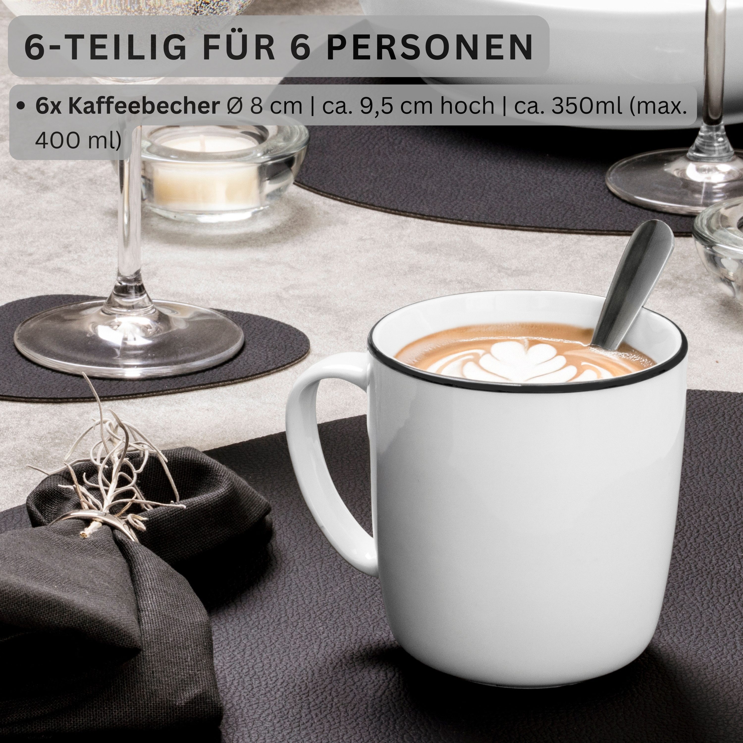 SÄNGER Becher Set Marlo, 6-tlg., Porzellan, Weiß mit schwarzen Akzenten, 6 tlg. Black Rim, PREMIUM COLLECTION