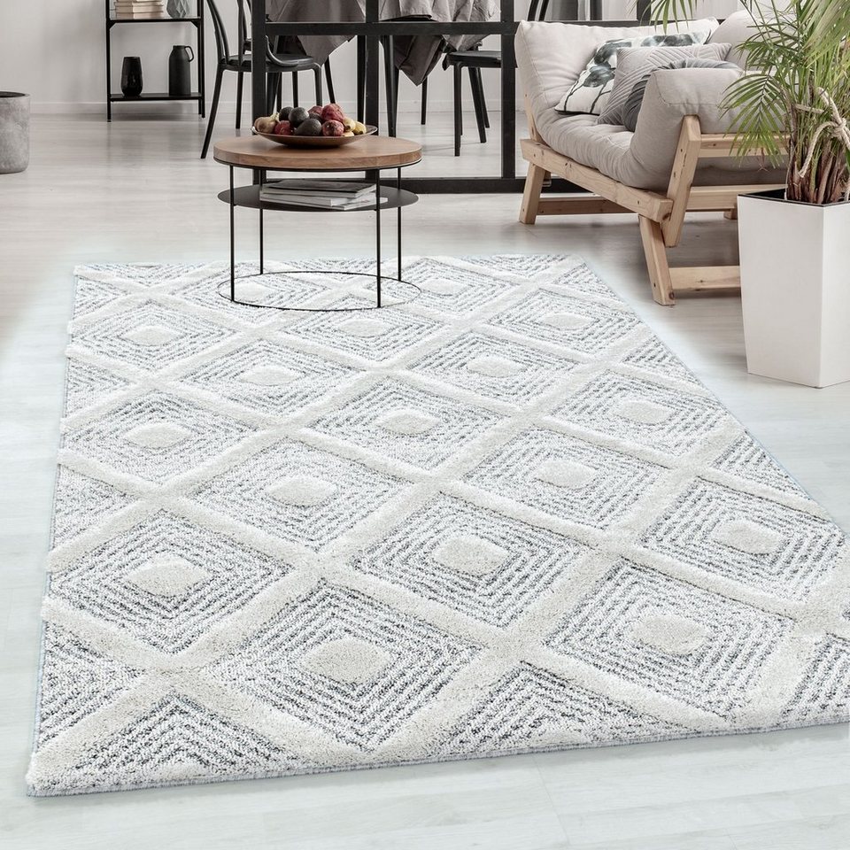 Hochflor-Teppich Geometrisch Design, Carpetsale24, Rund, Höhe: 20 mm, Teppich  Wohnzimmer Boho Design weich 3D Optik Skandinavische Stil