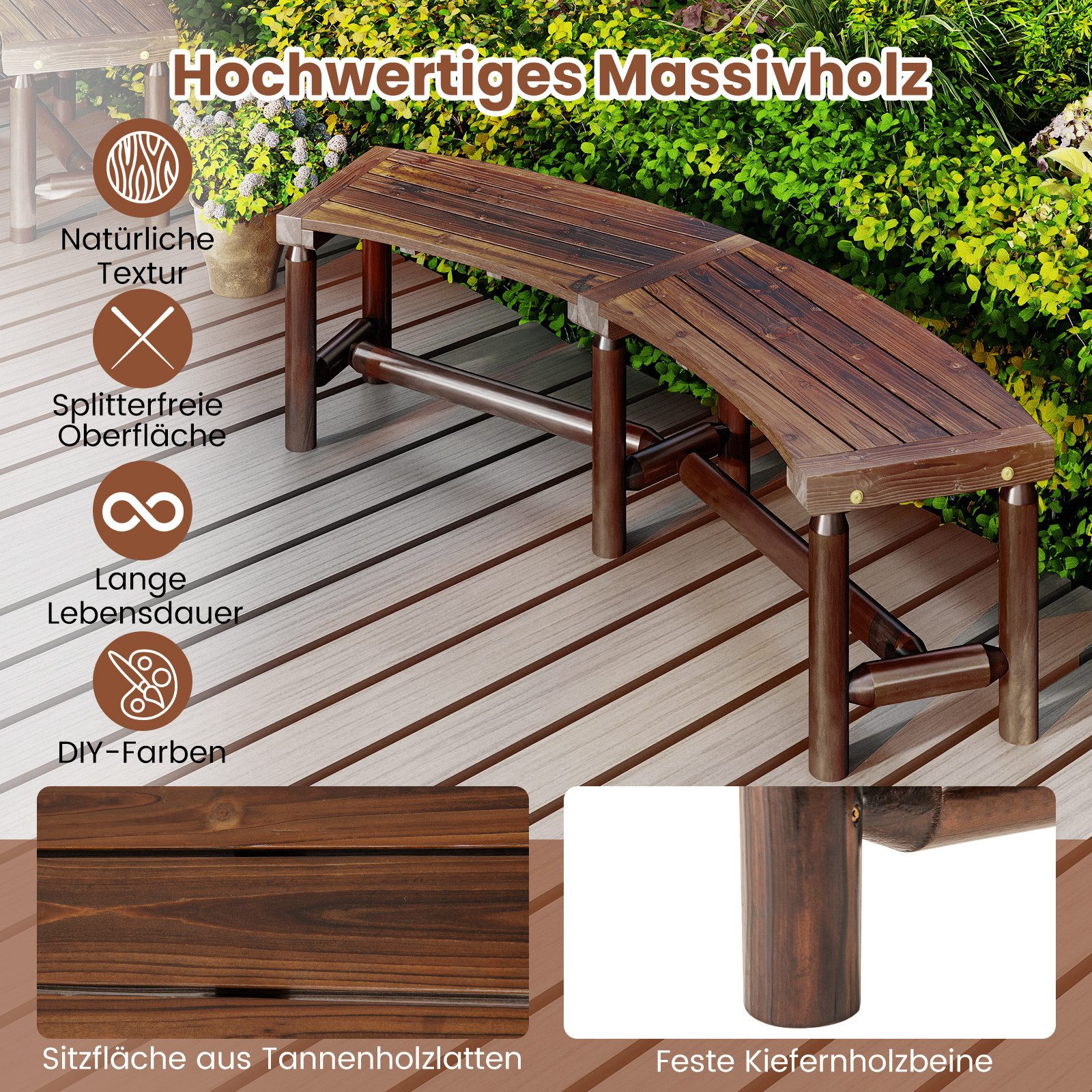 COSTWAY Gartenbank, 3 Sitzer Sitzbank Holzbank, bis 360 kg belastbar