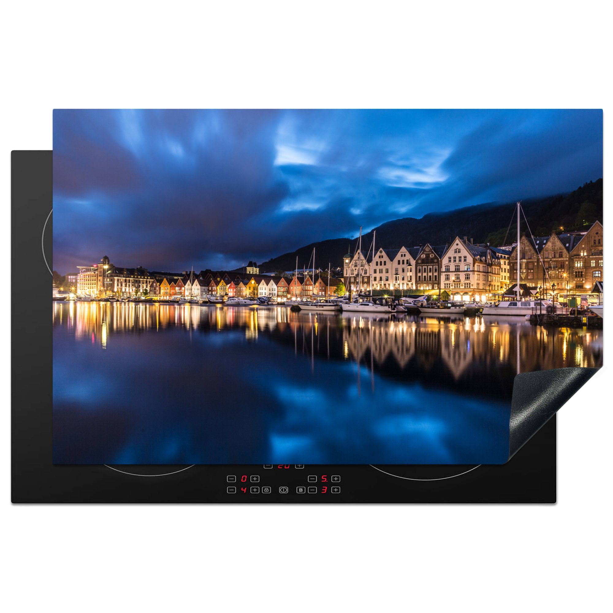 MuchoWow Herdblende-/Abdeckplatte Wunderschöner Blick auf den alten Hafen von Bryggen in Norwegen, Vinyl, (1 tlg), 81x52 cm, Induktionskochfeld Schutz für die küche, Ceranfeldabdeckung