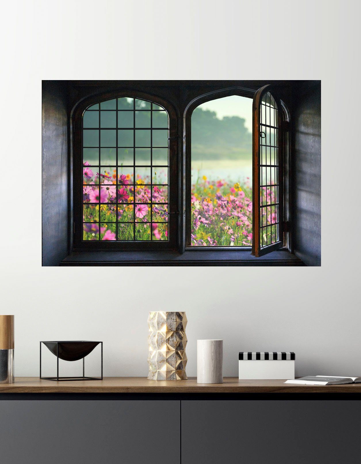 queence Wandsticker Blumenwiese, Wandsticker, Wandbild, selbstklebend, 3D, Fenster