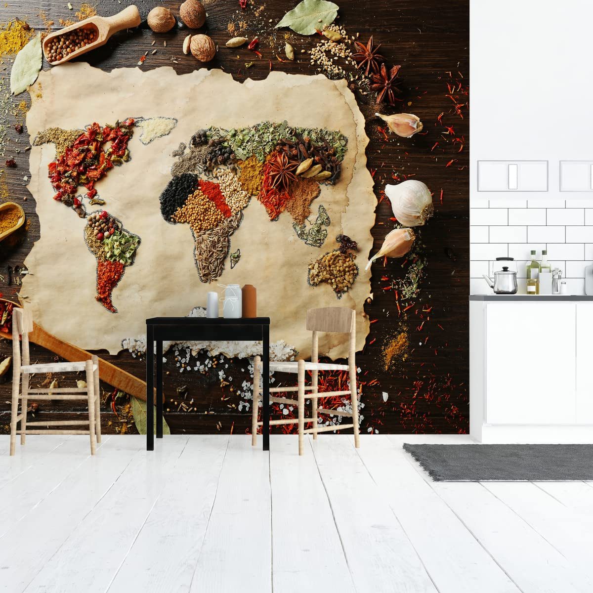 Muralo Fototapete Steinoptik Holzoptik – Fototapete Wandtapete Vlies Wanddeko Wohnzimmer, bedruckt, Karte – Gewürze – Bretter, 90 x 60 cm, Vlies
