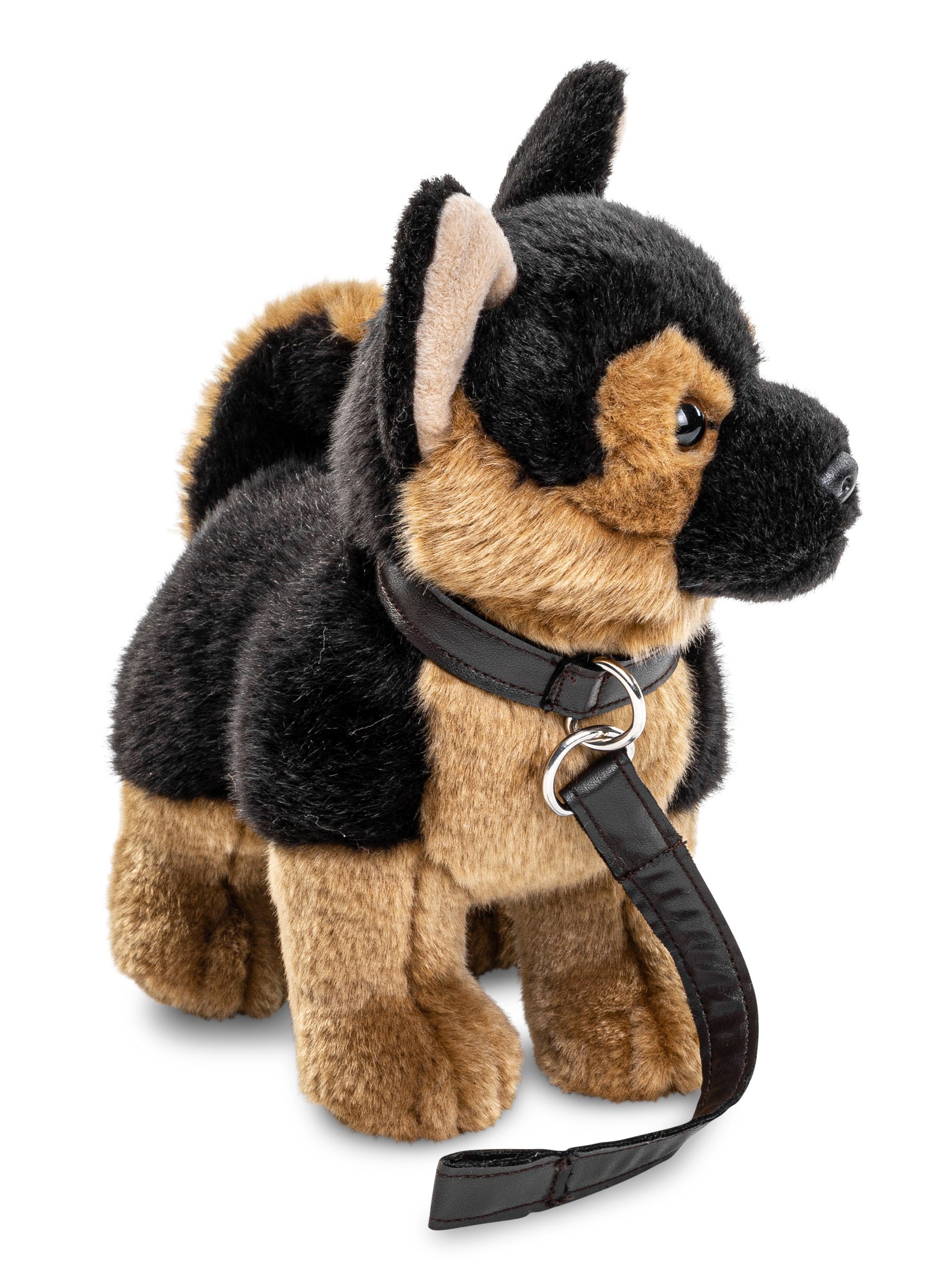 Uni-Toys Kuscheltier Dt. Schäferhund mit Leine, stehend - 27 cm - Plüsch-Hund - Plüschtier, zu 100 % recyceltes Füllmaterial
