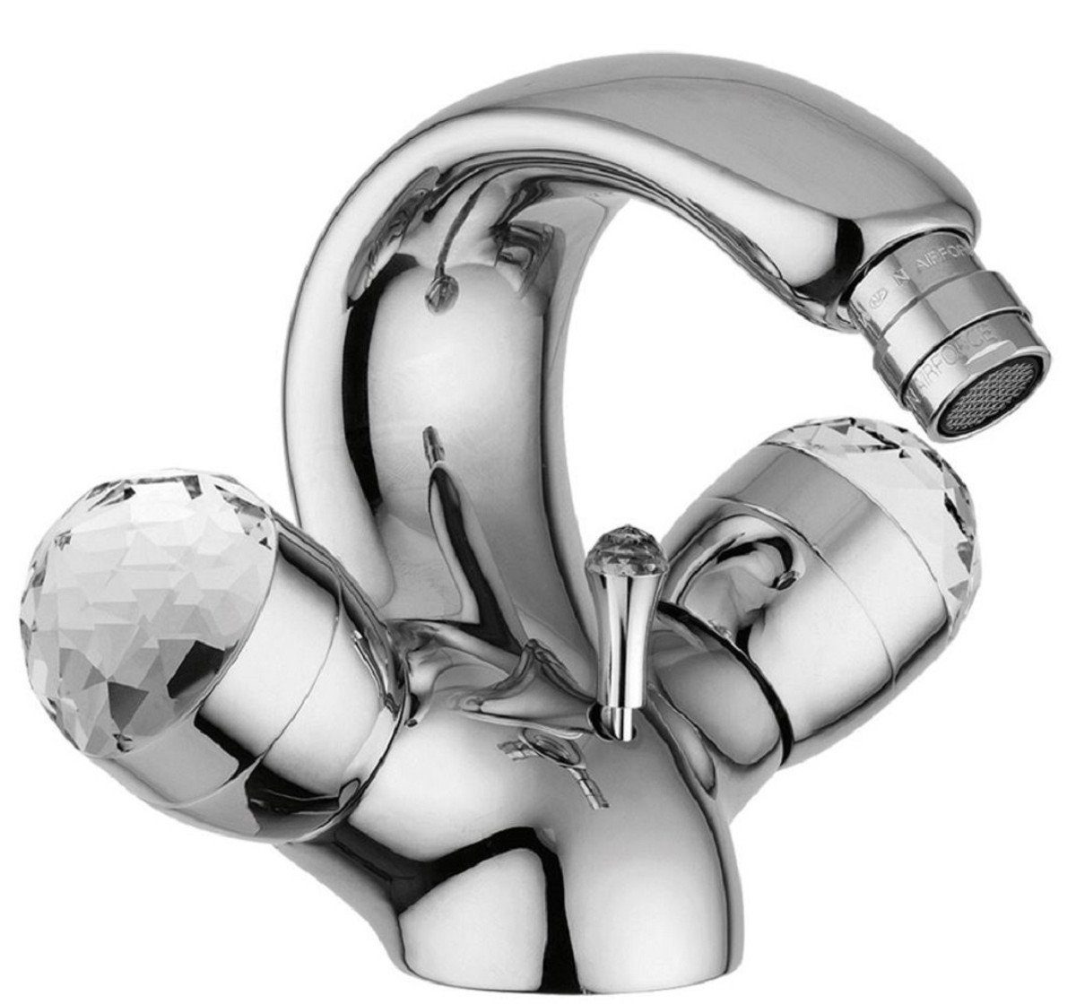 Casa Padrino Waschtischarmatur Luxus Jugendstil Wasserhahn mit Swarovski Kristallglas Silber H. 15,5 cm - Retro Waschtisch Armatur - Einlochbatterie - Erstklassische Qualität - Made in Italy
