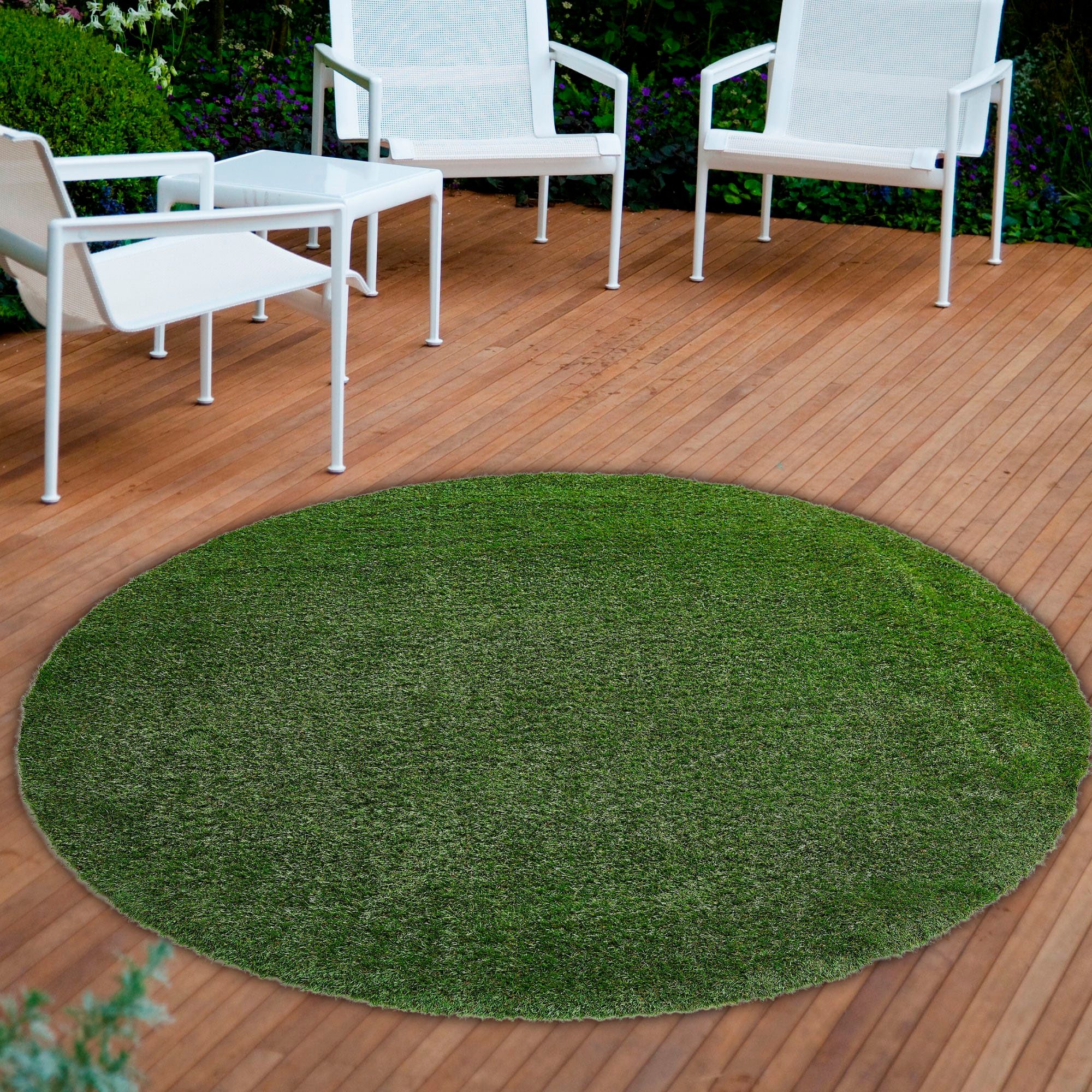 Andiamo Kunstrasen Rasenteppich Sansibar, Gesamthöhe 20 mm, rund, realistische Optik, mit Drainagefunktion, für Balkon & Terrasse