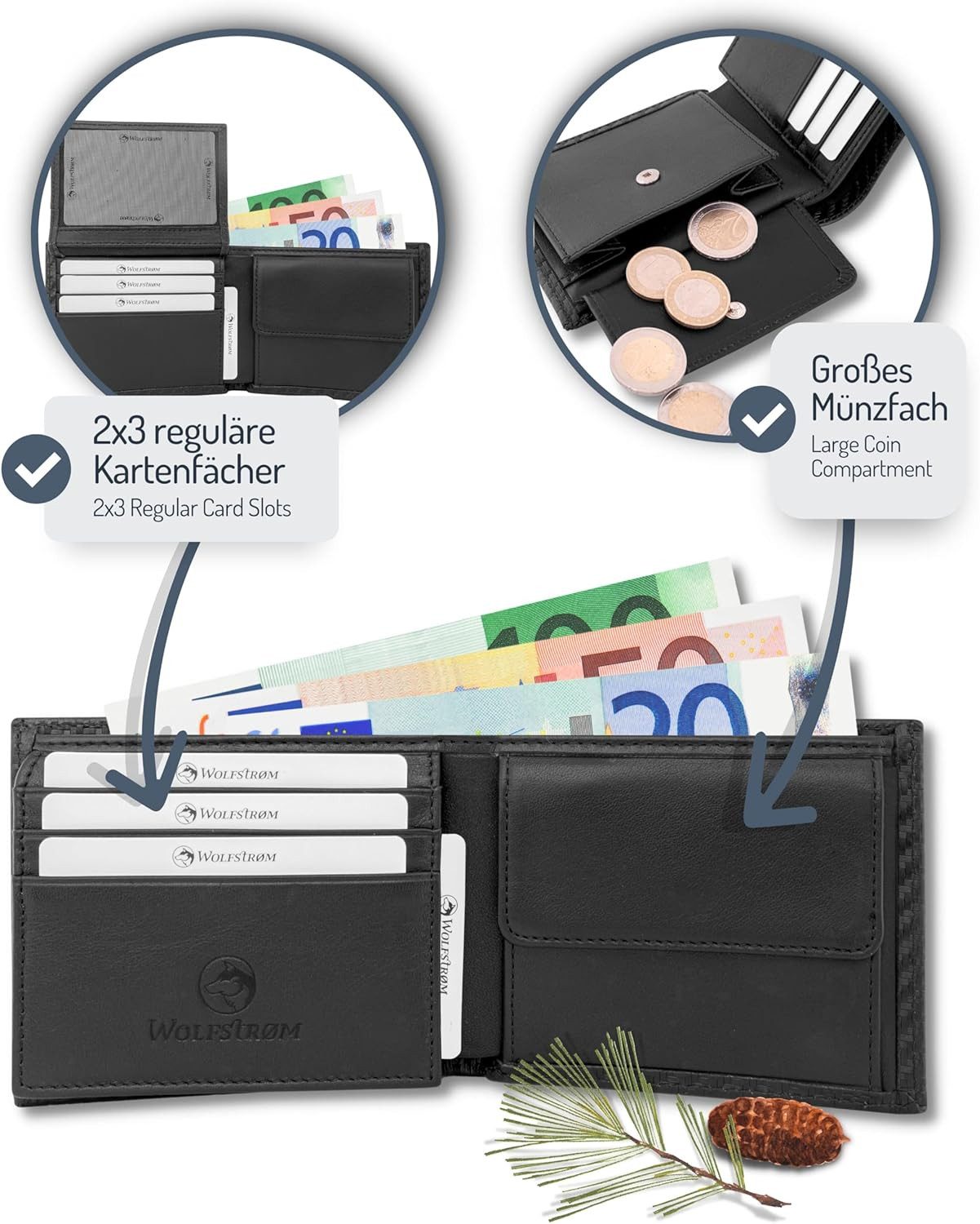 Wolfstrøm Geldbörse Herren Leder 'Nørge' – Tri-Fold Herren-Portemonnaie RFID-Blocker (NØRGE STANDARD: B-11 x T-1,9 x H-8,8 cm - Platz für 6 Karten & Scheine bis 100 €, Design in Germany, Made in Europe, Handmade / Handgefertigt), Vollnarbenleder, Handarbeit