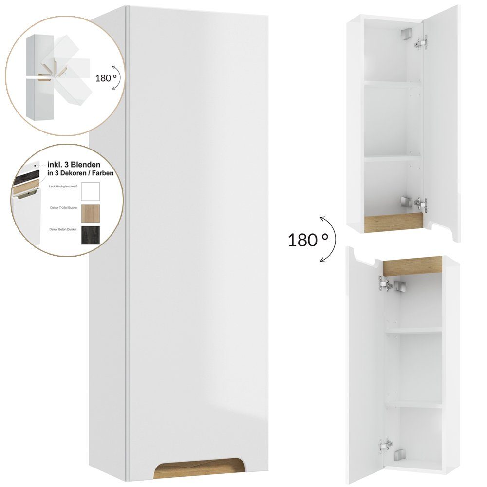Lomadox Hängeschrank »SOFIA-107« Badezimmer / Hochschrank drehbar um 180°  in weiß, Hochglanz lackiert, B/H/T: 30/90/22 cm