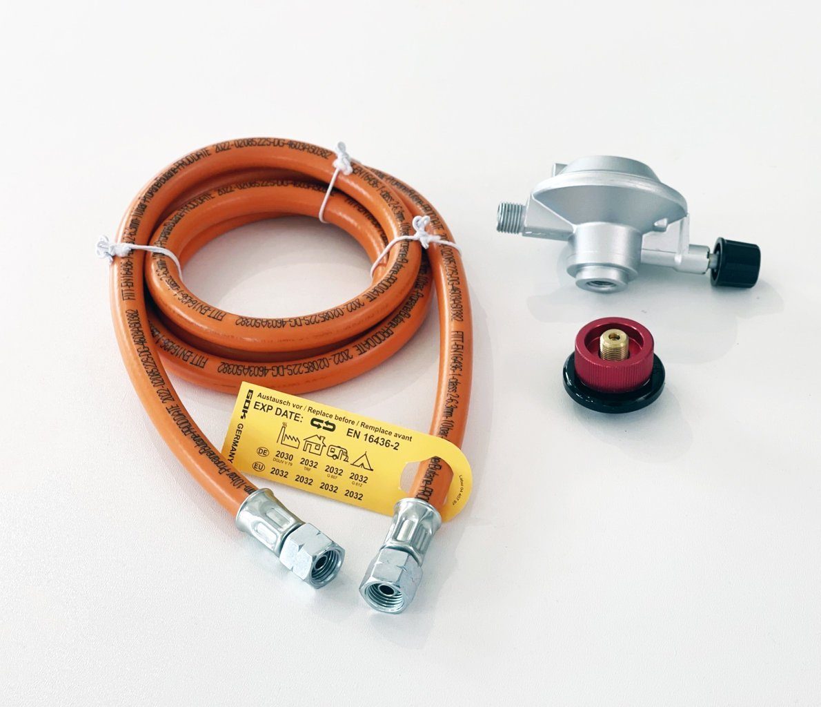 Phönix Germany Camping-Gas Butan Gasschlauch Druckminderer Anschluss Set 50 mbar, Gaskartusche Adapter für Gaskocher Grill