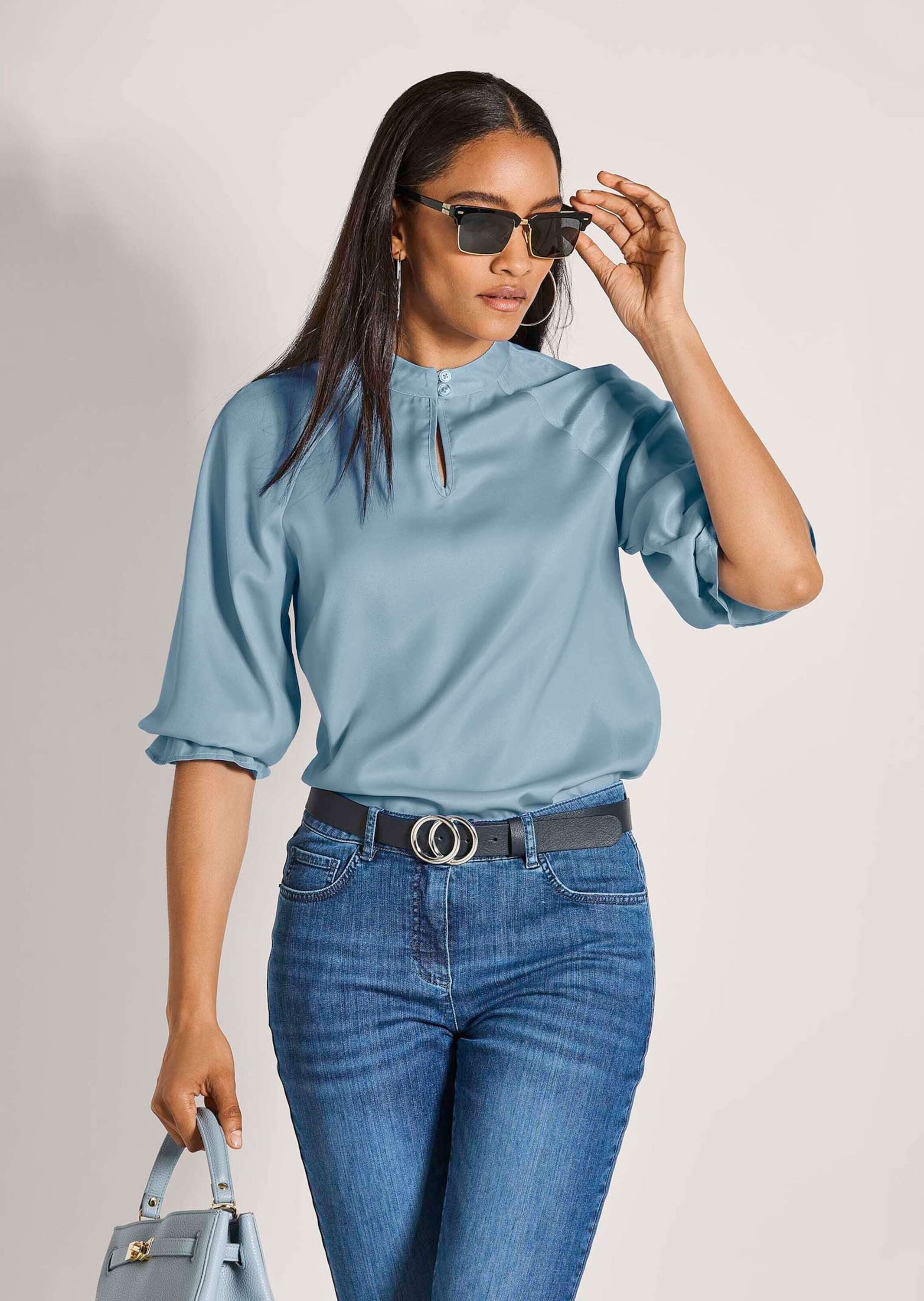 MADELEINE Langarmbluse Elegante Damenbluse mit Stehkragen Verspieltes Design mit 3/4-Raglanärmeln – Bild 3 von 5