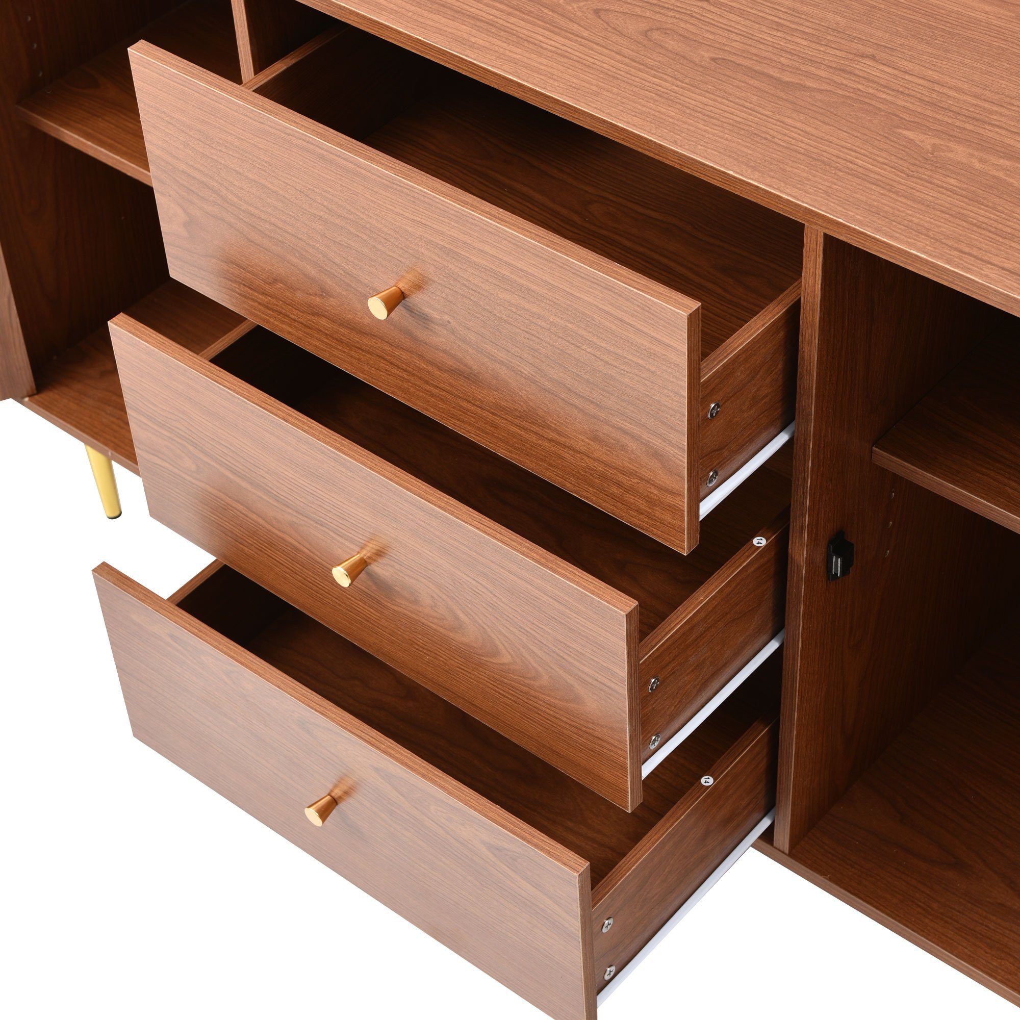 Kommode (Schubladenkommode), Sideboard mit 2 Türen und 3 Schubladen, Rattan, 150x40x90cm
