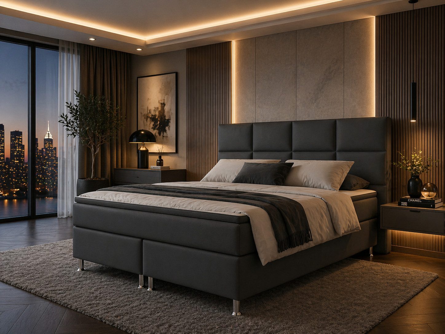 inter Boxspringbett Miami 180x200 cm Kunstleder mit 7-Zonen TFK und Topper (180x200 cm, Anthrazit mit 7 Zonen Taschenfederkernmatratzen und Topper), Boxspringbett, Hotelkomfort, Mit Topper, Tonnentaschenfederkern