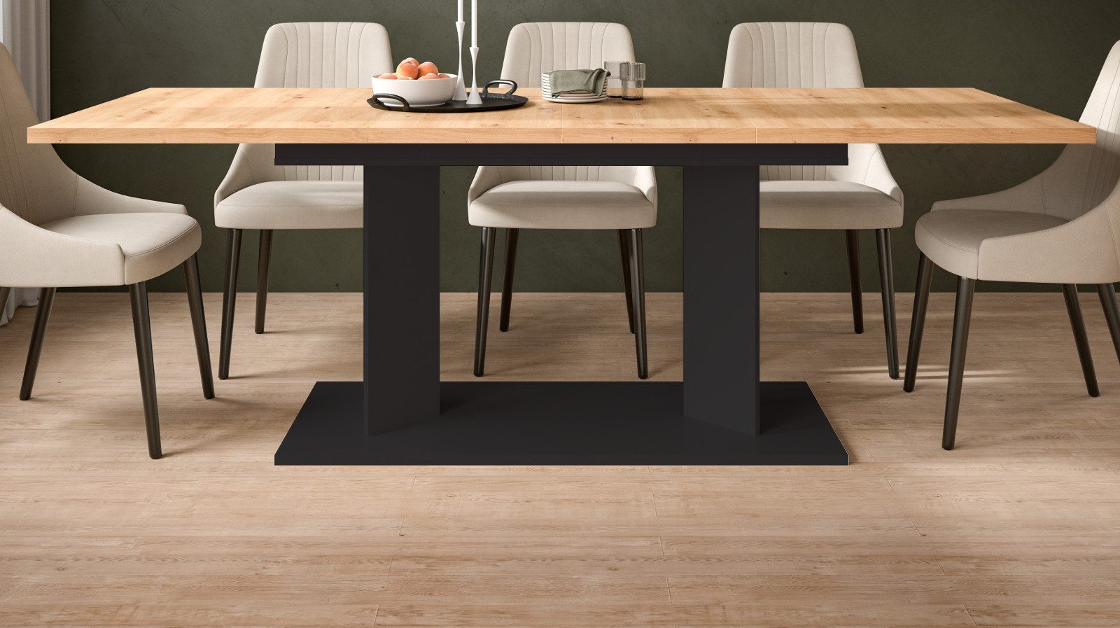 Inn.Furn Säulen-Esstisch Anton (Küchentisch in Eiche Artisan mit Schwarz, 2-fach ausziehbar 140 - 180 - 220 cm), flexibel verlängerbar von 4 bis zu 10 Personen