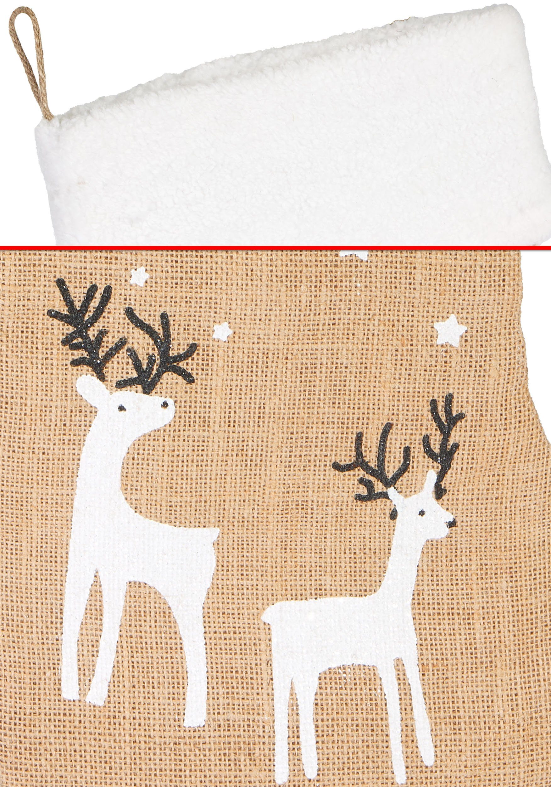 BRUBAKER Nikolausstiefel 3er Set Weihnachtsstrümpfe zum Befüllen und Aufhängen (Weihnachtssocken aus Jute in festlichen Designs, 3 St., Weihnachtsdeko), 52 cm große Nikolausstrümpfe für Weihnachten und Nikolaus
